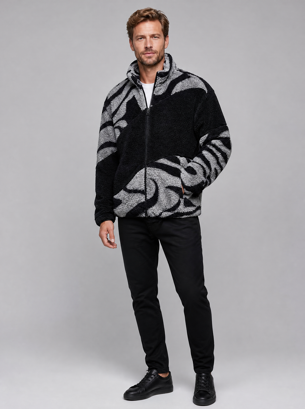 Men's Graphic Teddy Fleece Regular Fit Full Zip Fleece Jacket
