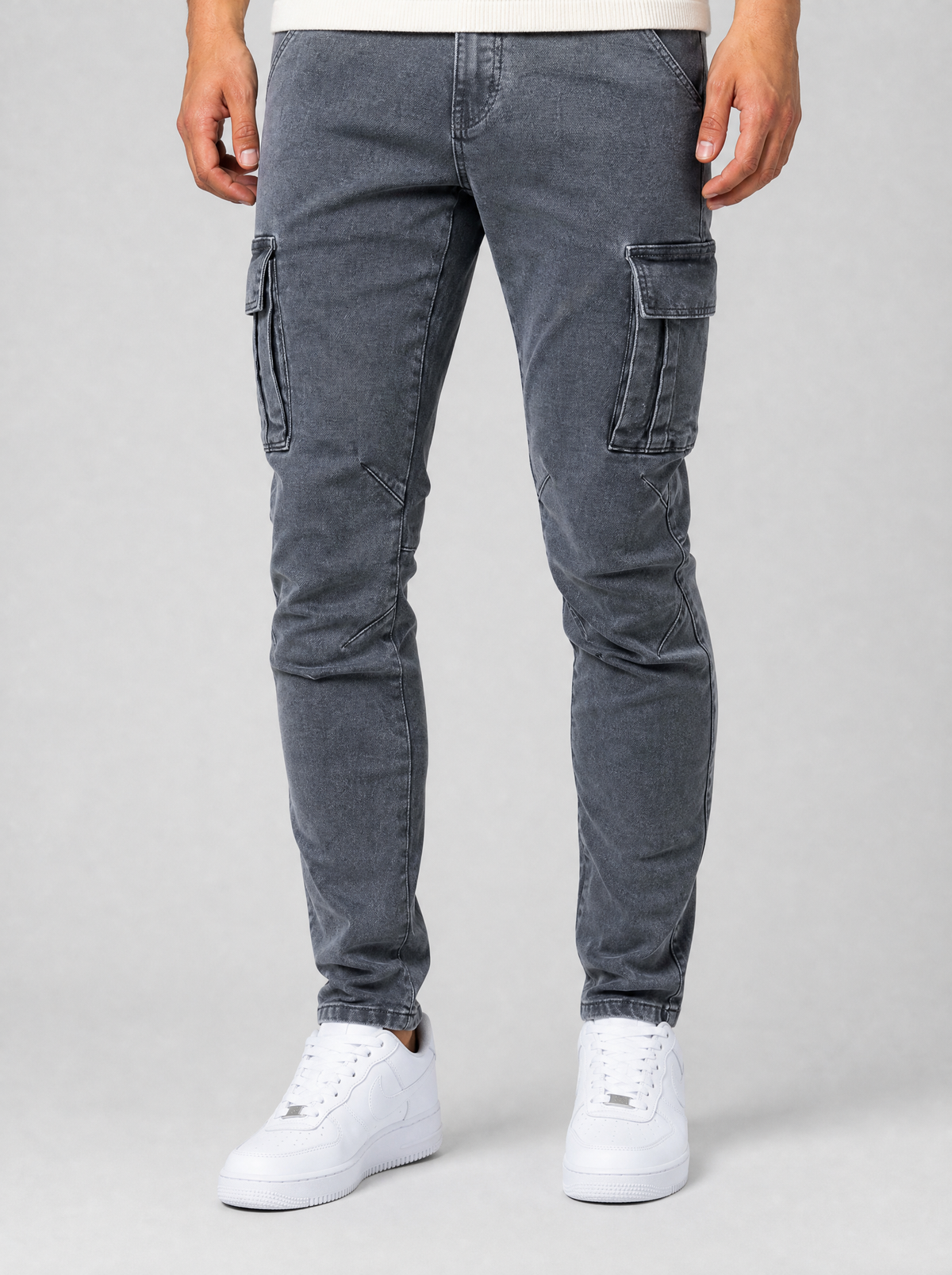 Men's Grey Heavyweight Twill Blend Slim Cargo Trousers - product view 3