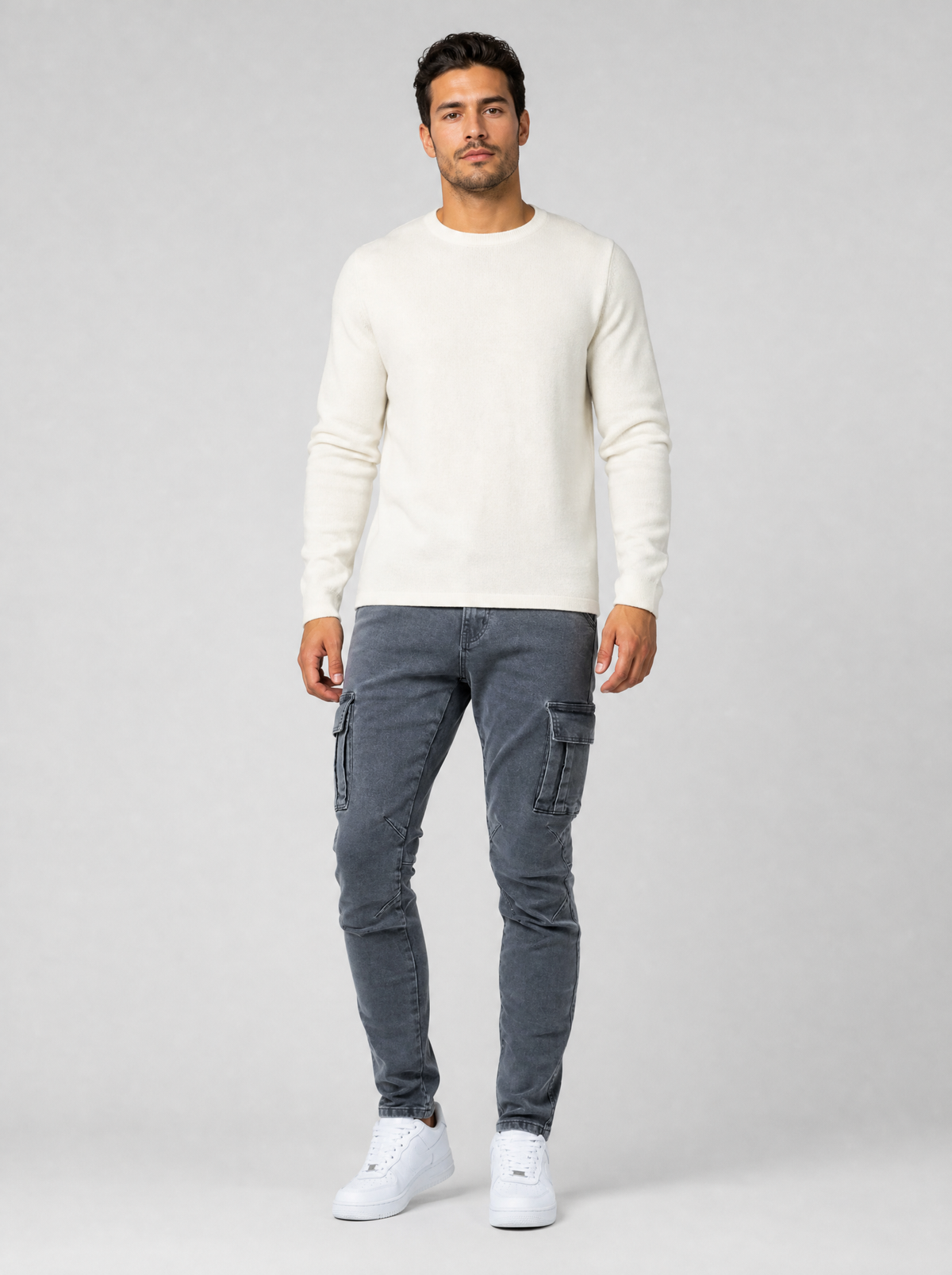 Men's Grey Heavyweight Twill Blend Slim Cargo Trousers - product view 1