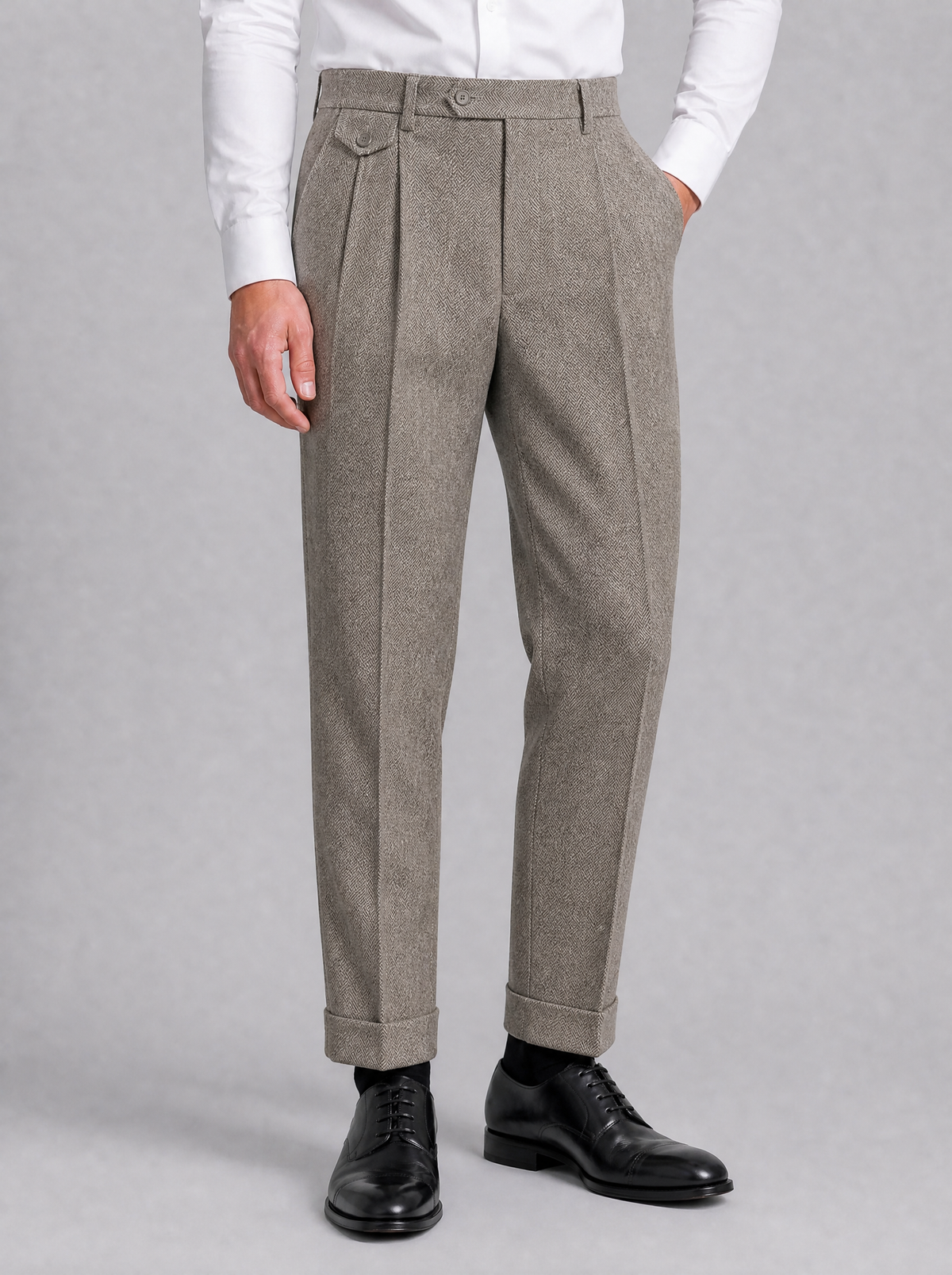 Men's Grey Herringbone Wool Blend Pleated Tailored Trousers