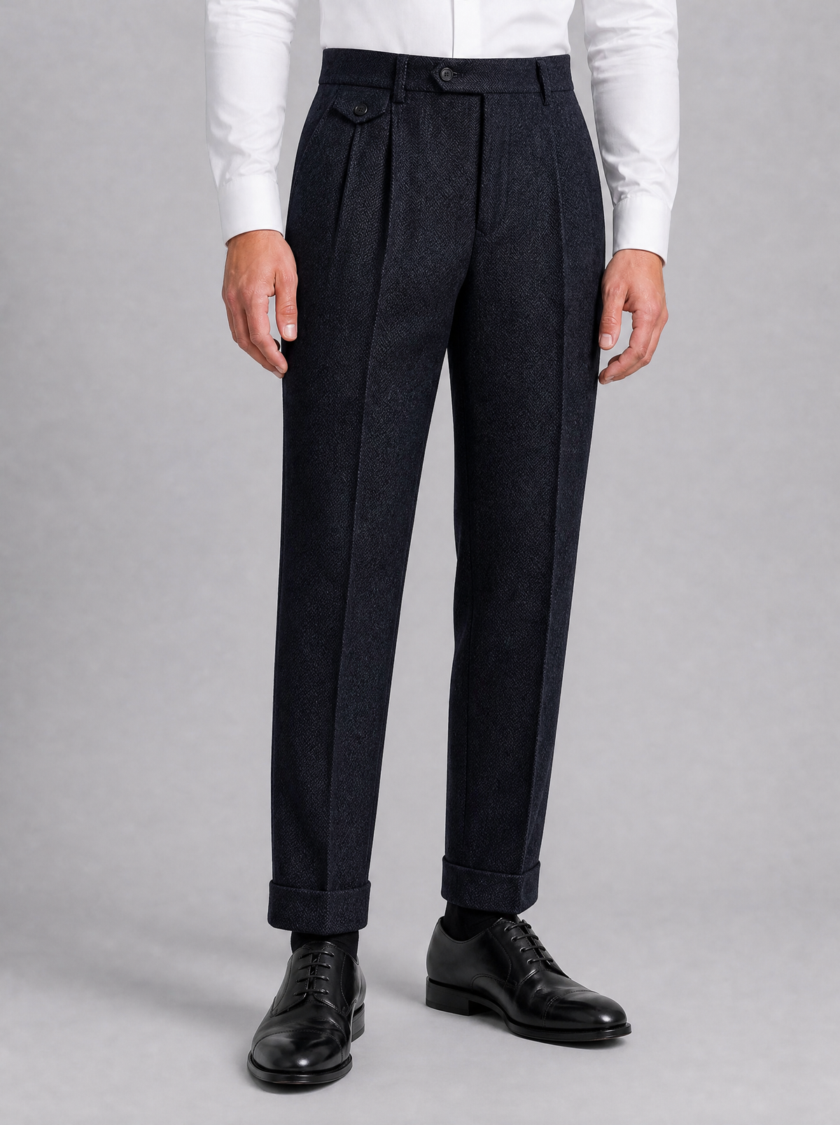 Men's Grey Herringbone Wool Blend Pleated Tailored Trousers