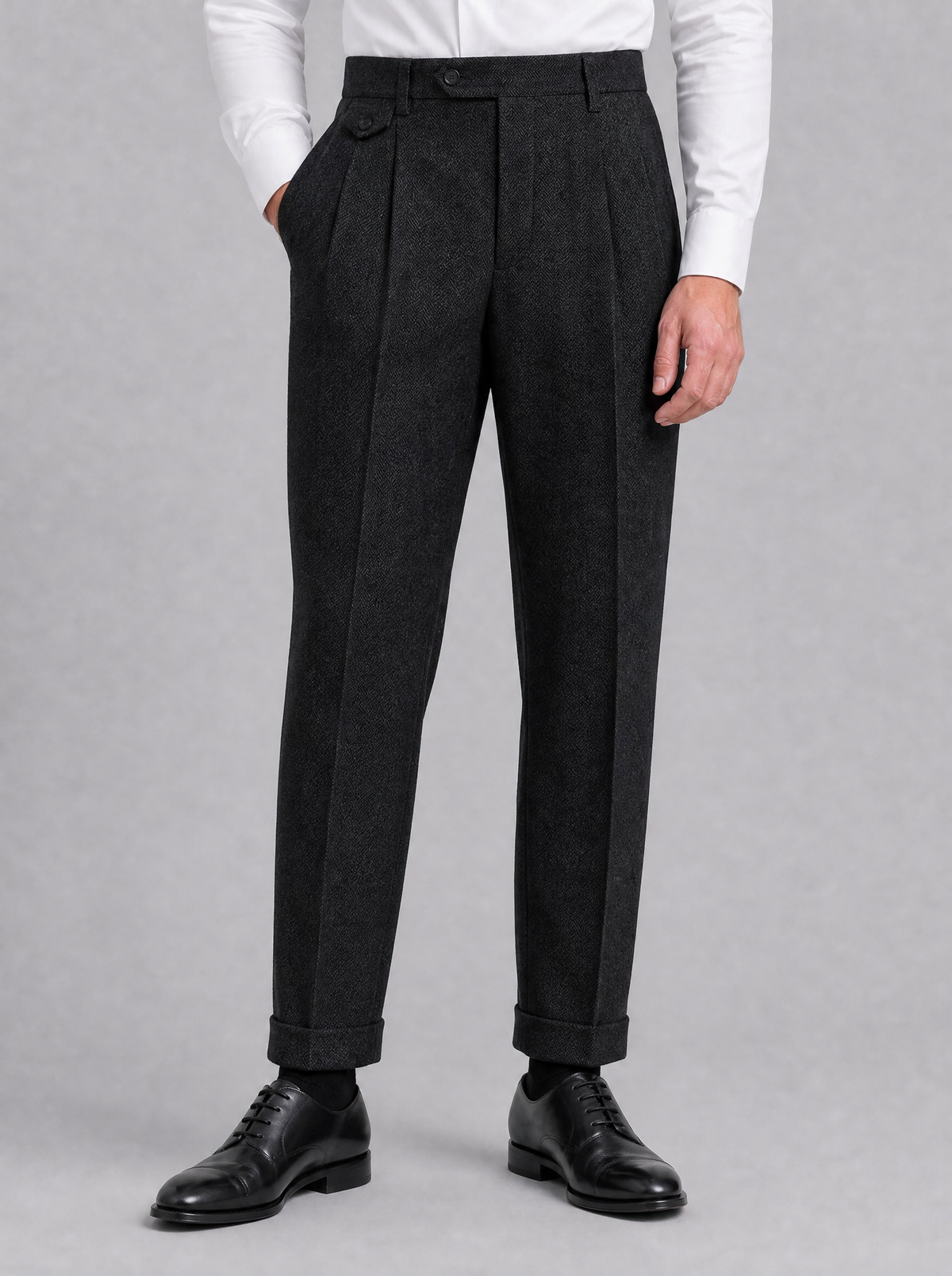 Men's Grey Herringbone Wool Blend Pleated Tailored Trousers