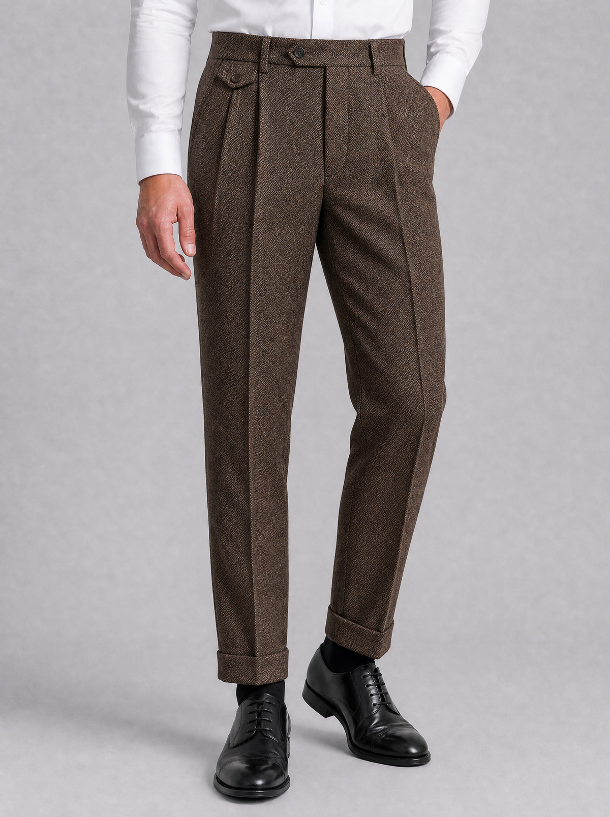 Men's Grey Herringbone Wool Blend Pleated Tailored Trousers