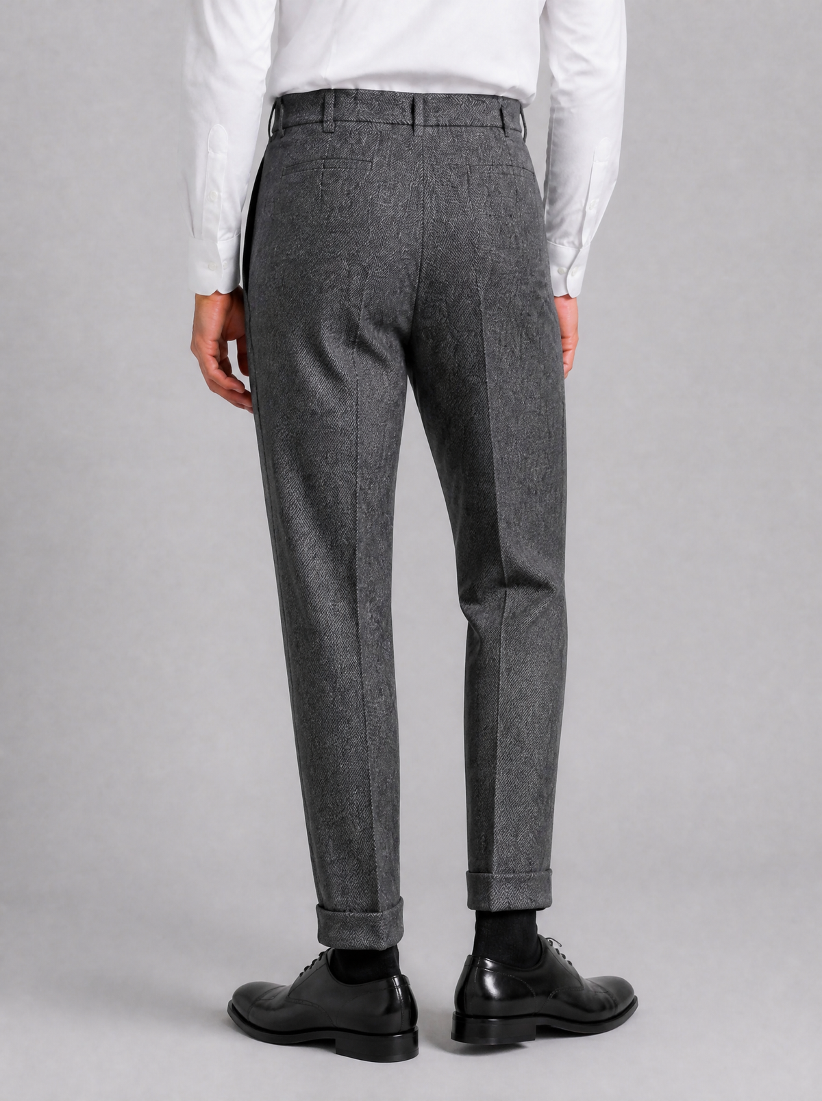 Men's Grey Herringbone Wool Blend Pleated Tailored Trousers