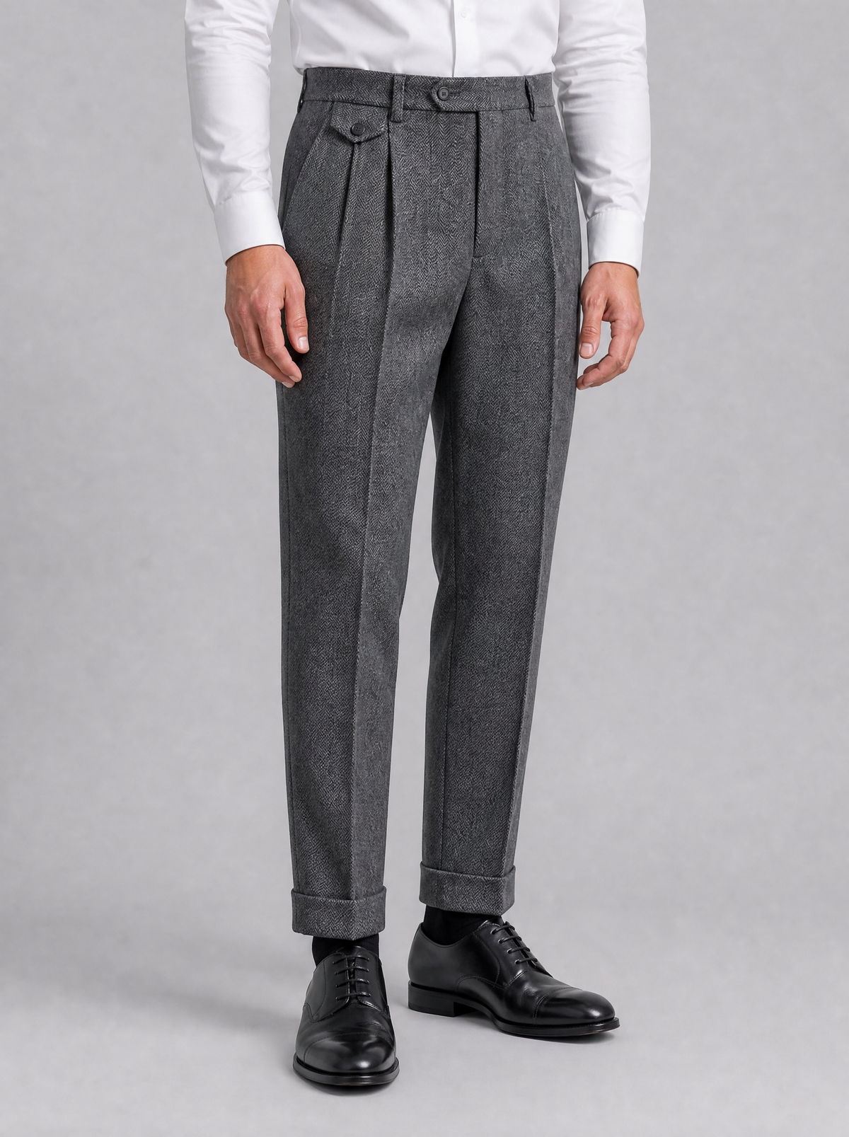 Men's Grey Herringbone Wool Blend Pleated Tailored Trousers
