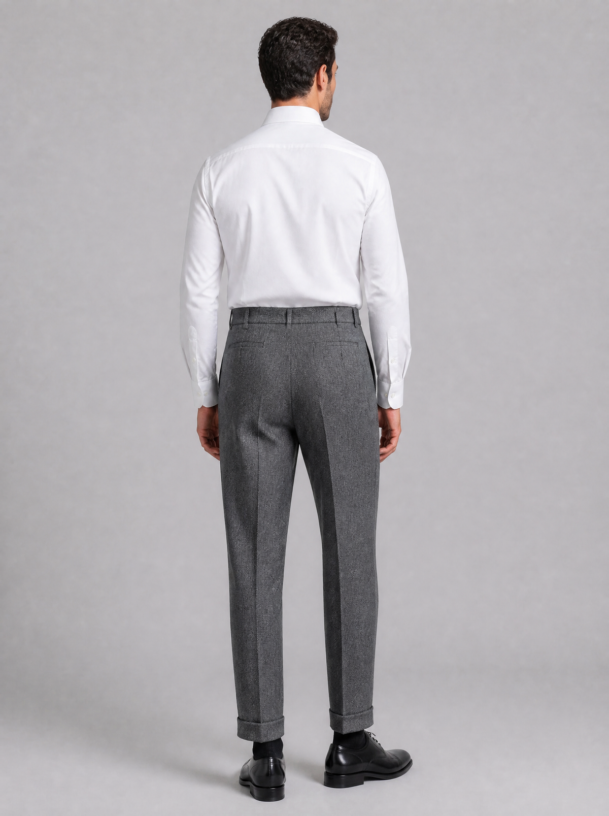 Men's Grey Herringbone Wool Blend Pleated Tailored Trousers