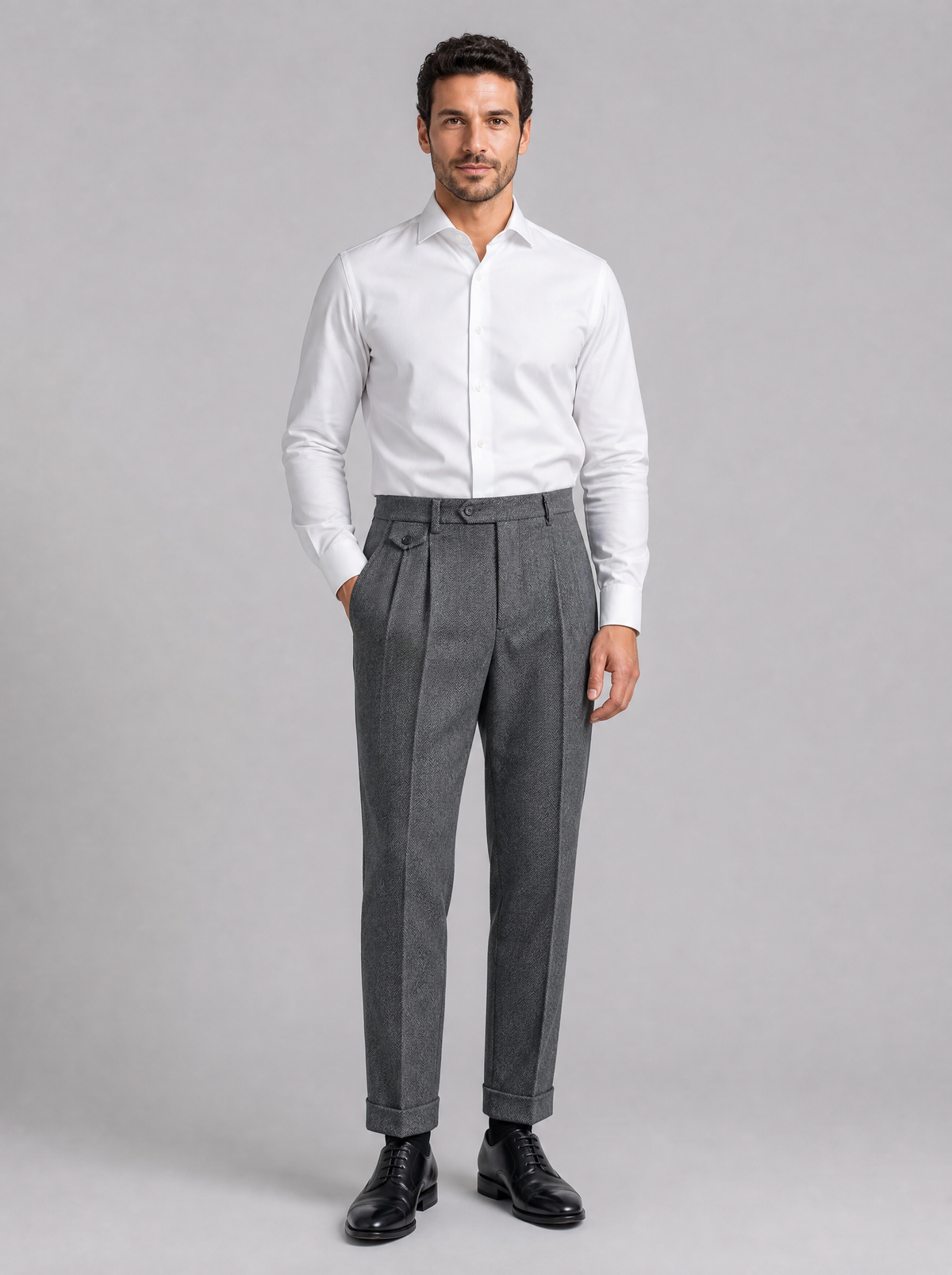 Men's Grey Herringbone Wool Blend Pleated Tailored Trousers