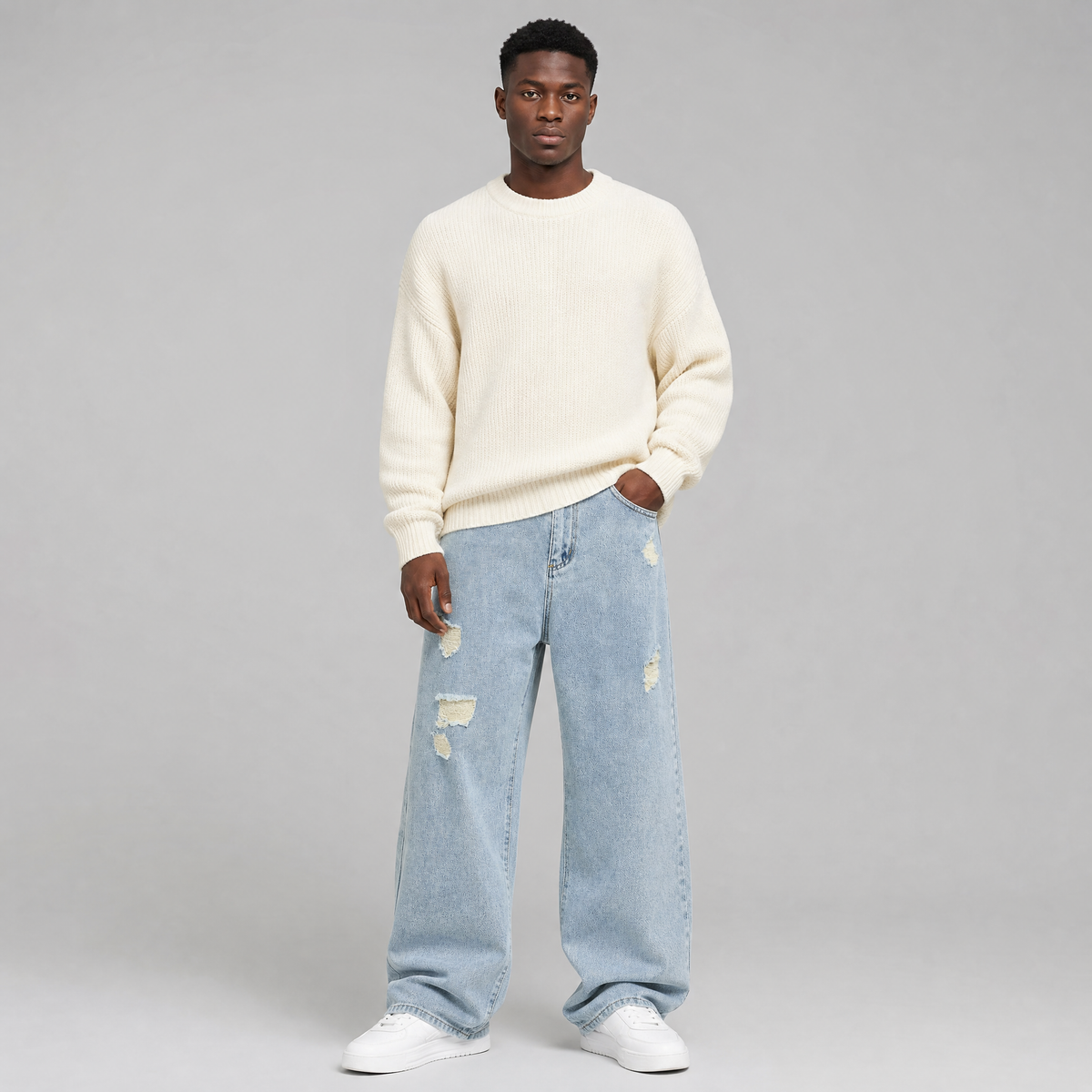 Men's Heavyweight Distressed Wide Leg Jeans