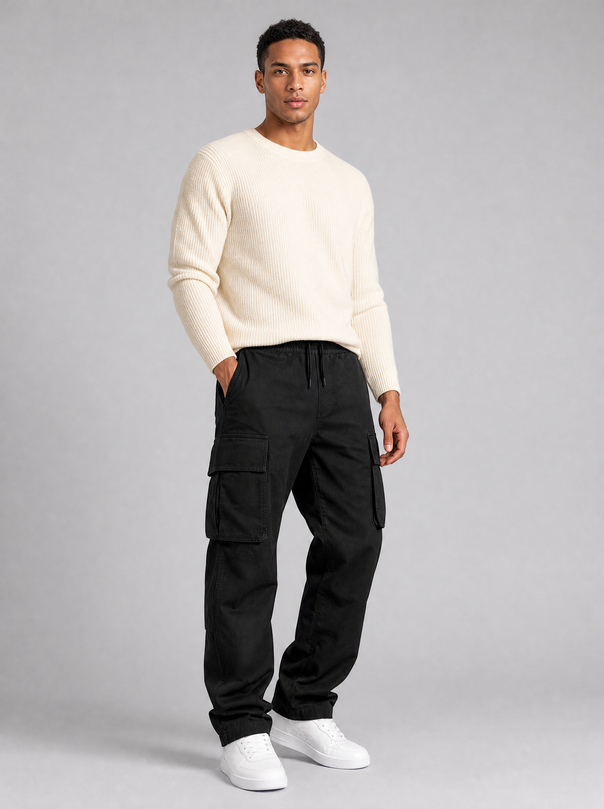 Men's Heavyweight Twill Blend Loose Fit Cargo Trousers
