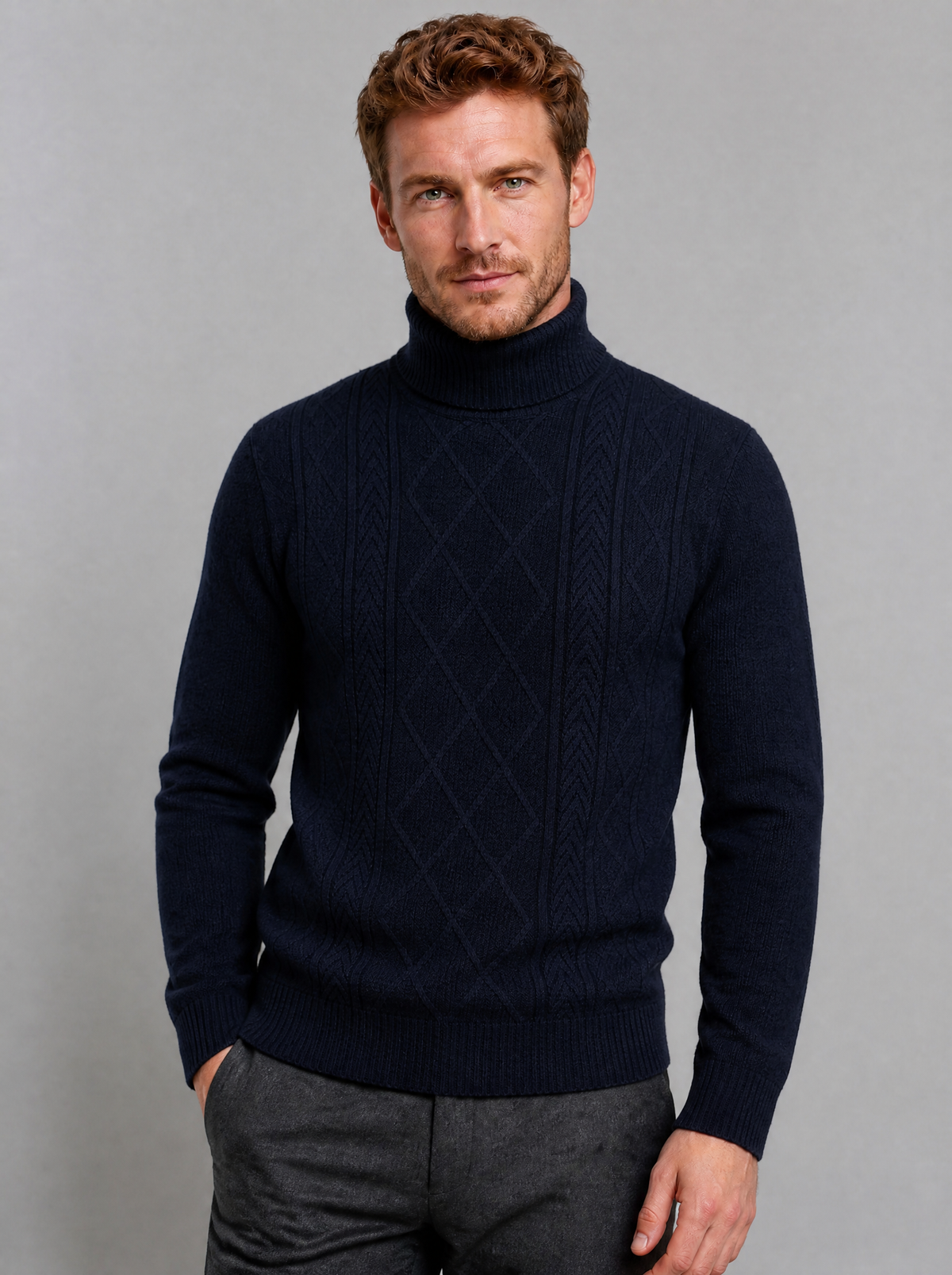 Men's Knit Cable Regular Fit Roll Neck Jumper - view 6