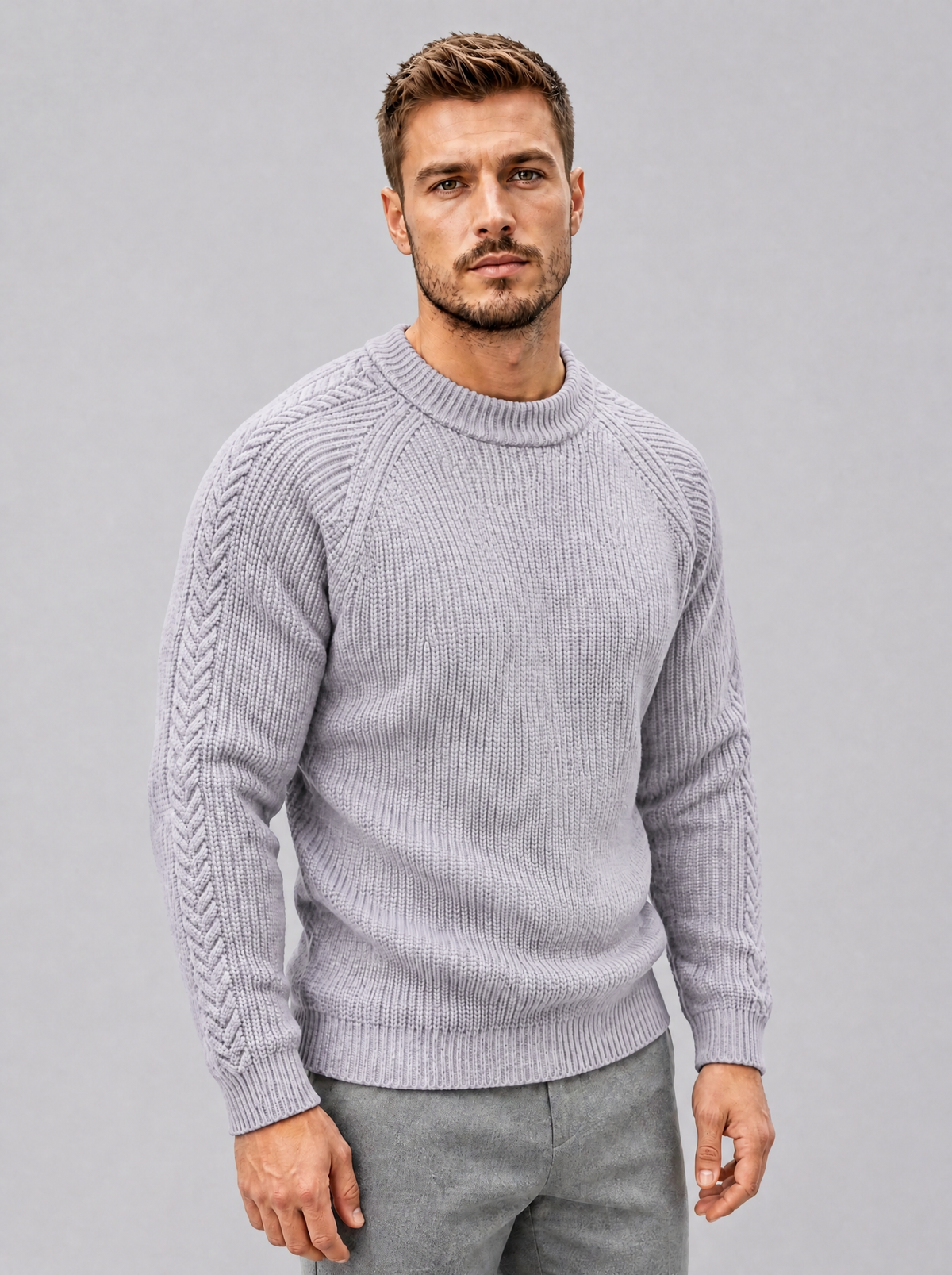 Men's Knit Cable Sleeve Regular Fit Crew Neck Jumper - view 7