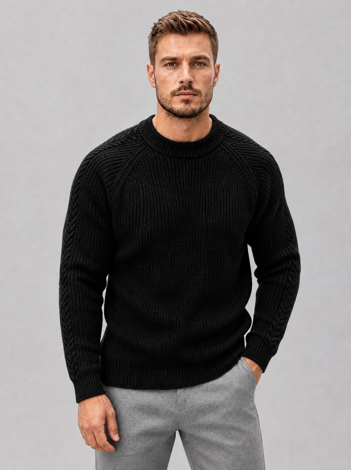 Men's Knit Cable Sleeve Regular Fit Crew Neck Jumper - view 5