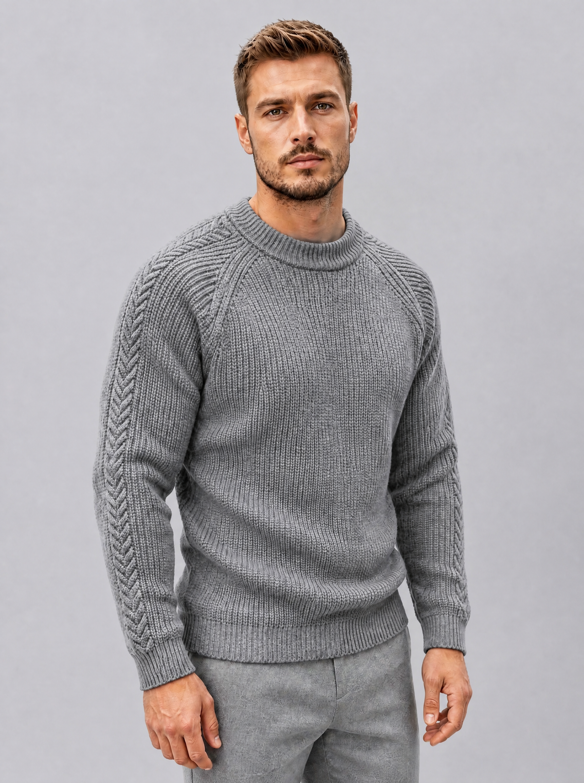 Men's Knit Cable Sleeve Regular Fit Crew Neck Jumper - view 6