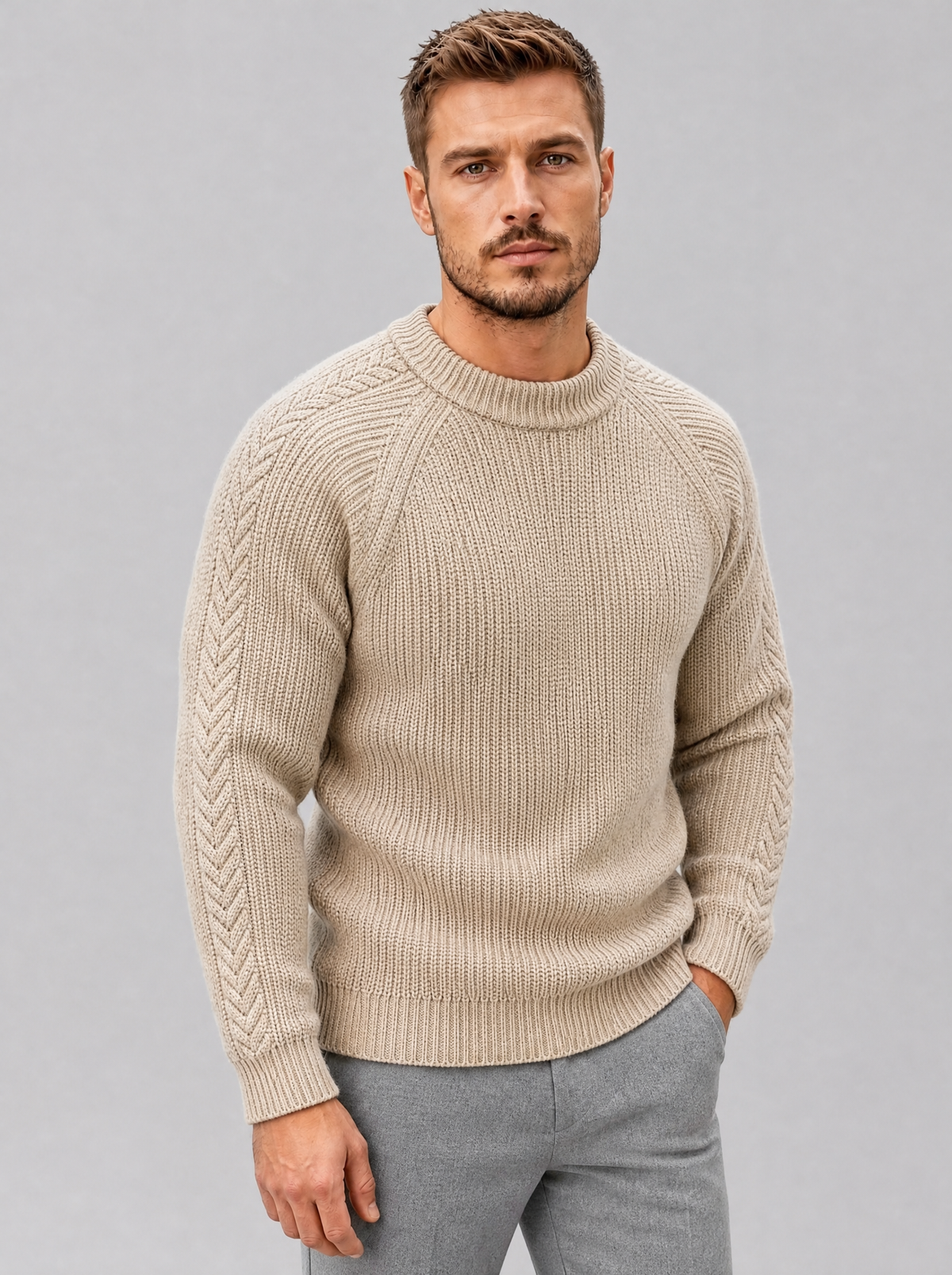 Men's Knit Cable Sleeve Regular Fit Crew Neck Jumper - view 8