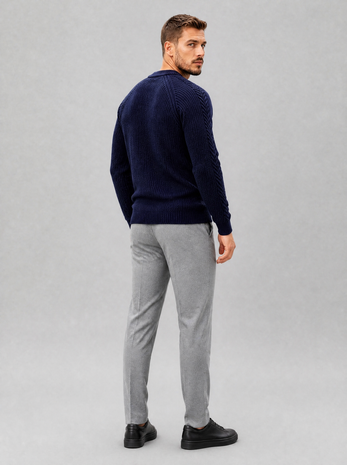 Men's Knit Cable Sleeve Regular Fit Crew Neck Jumper - view 2