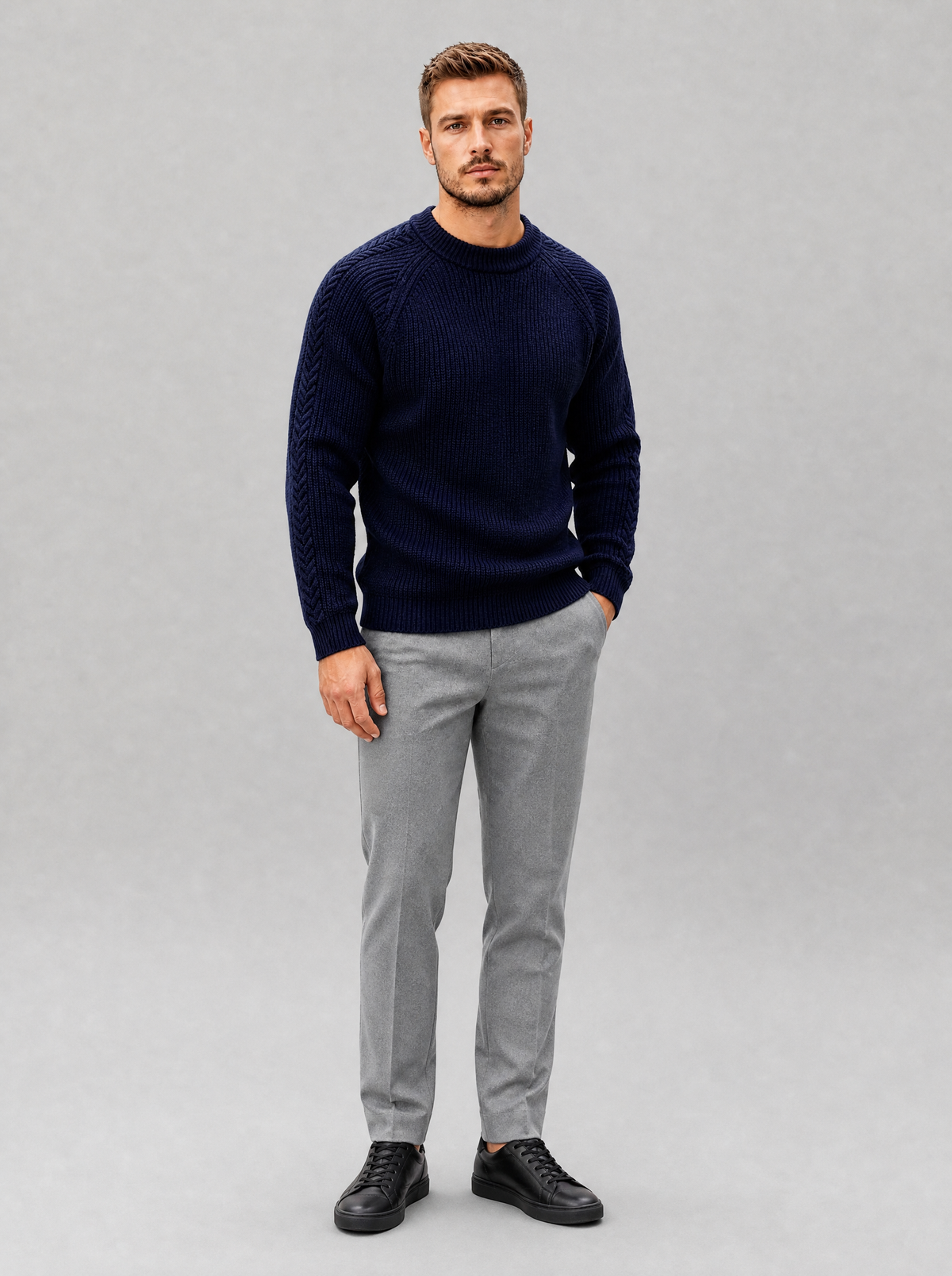Men's Knit Cable Sleeve Regular Fit Crew Neck Jumper - view 1