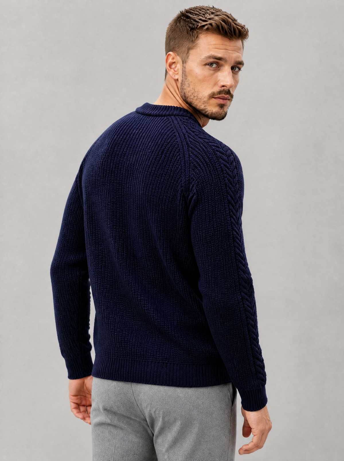 Men's Knit Cable Sleeve Regular Fit Crew Neck Jumper - view 4