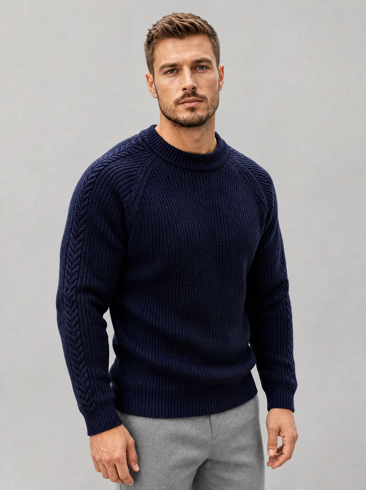 Men's Knit Cable Sleeve Regular Fit Crew Neck Jumper - view 3