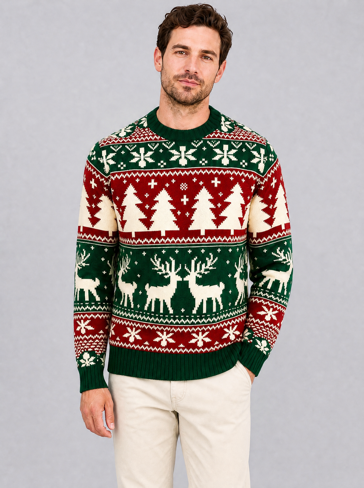 Men's Knit Fair Isle Regular Fit Crew Neck Jumper in Green - view 3