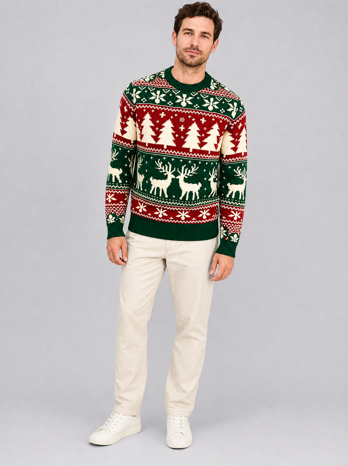 Men's Knit Fair Isle Regular Fit Crew Neck Jumper in Green - view 1