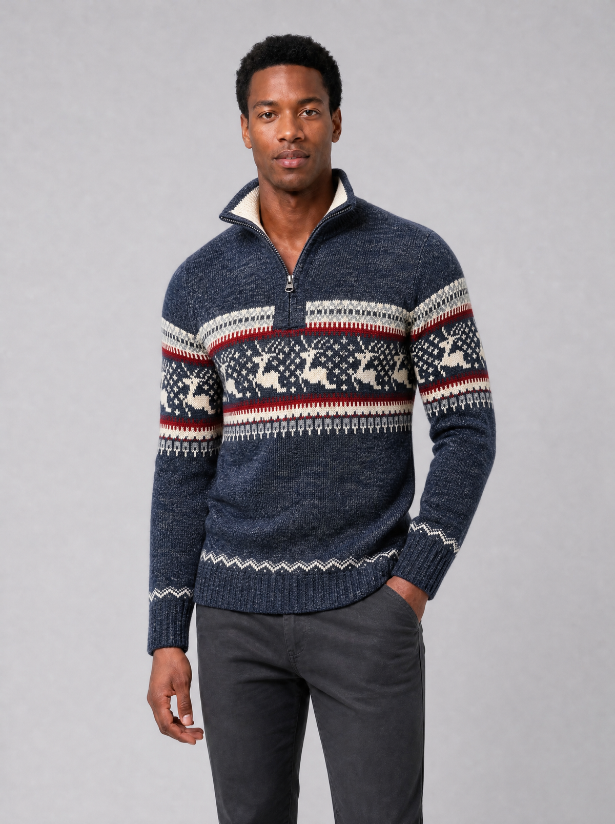 Men's Knit Fair Isle Regular Fit Half Zip Jumper - product view 5
