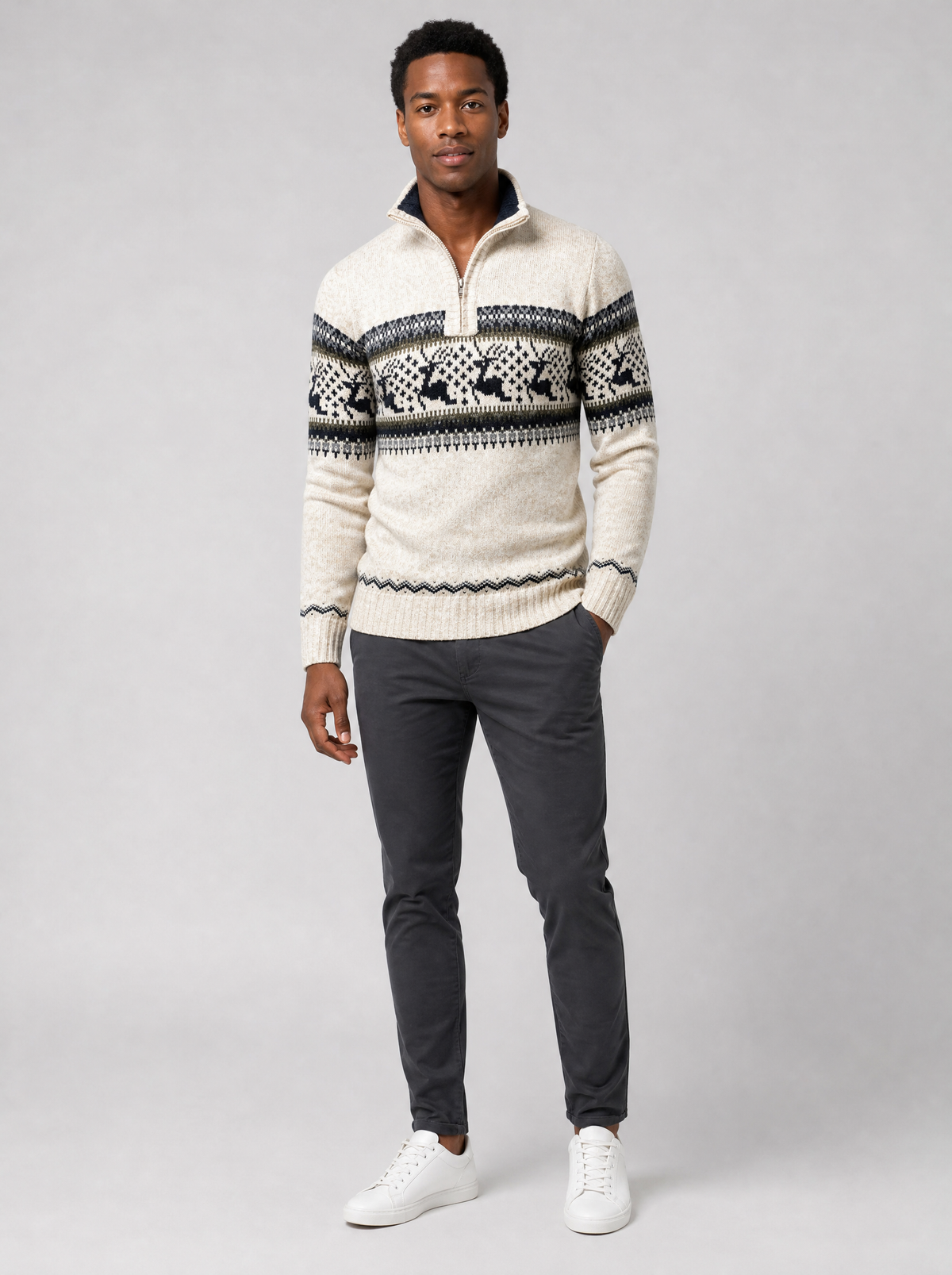 Men's Knit Fair Isle Regular Fit Half Zip Jumper - product view 1