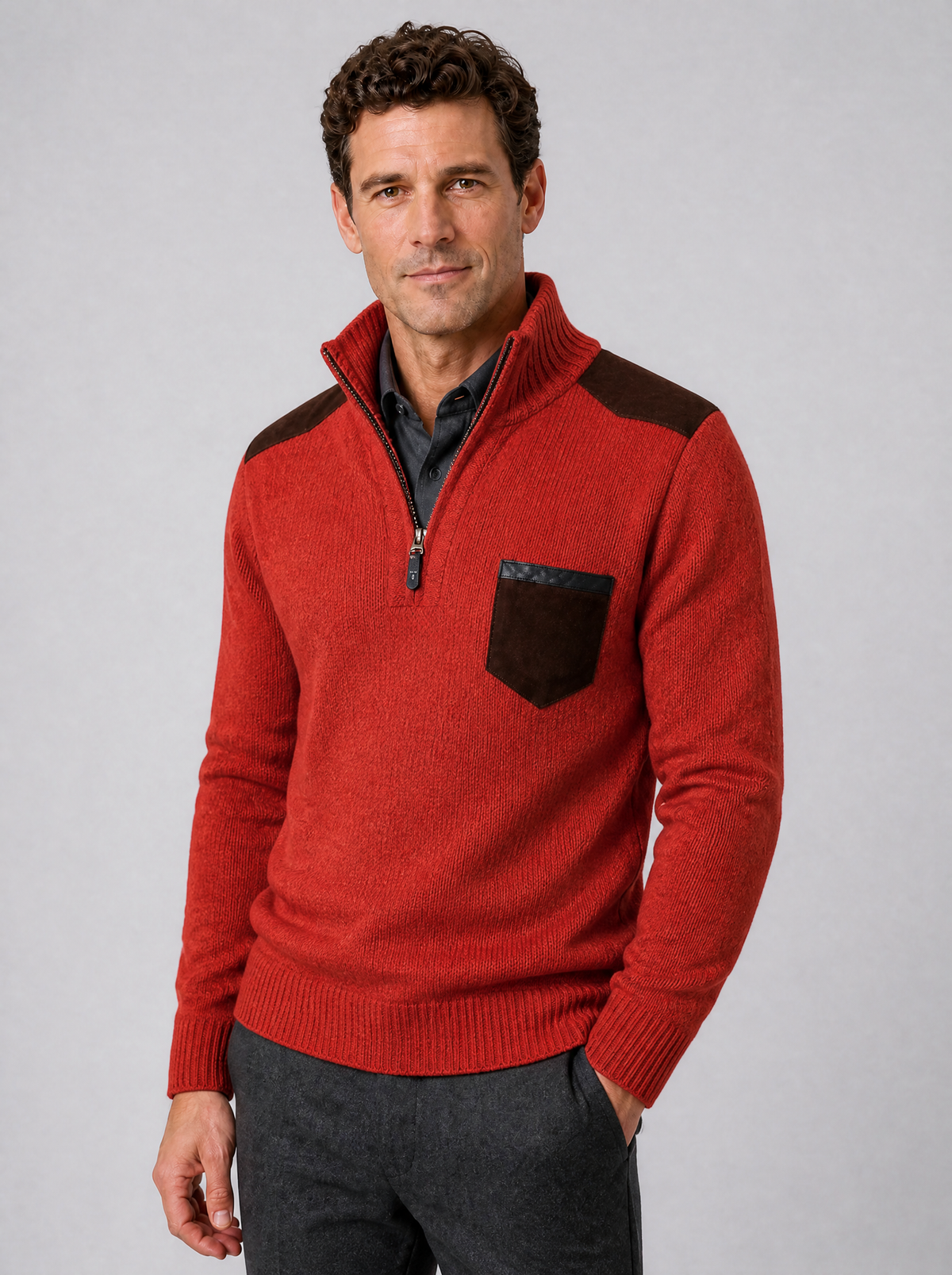 Men's Suede Look Patch Regular Fit Half Zip Jumper - Red colour view
