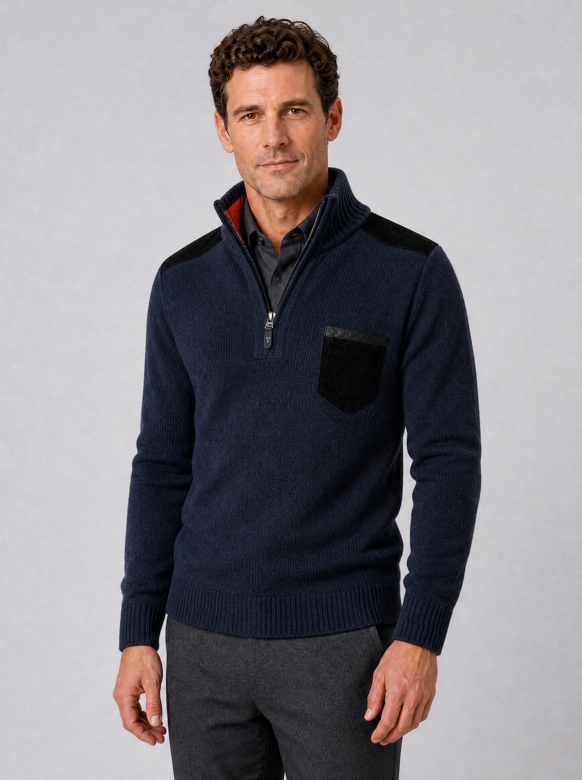 Men's Suede Look Patch Regular Fit Half Zip Jumper - Navy colour view