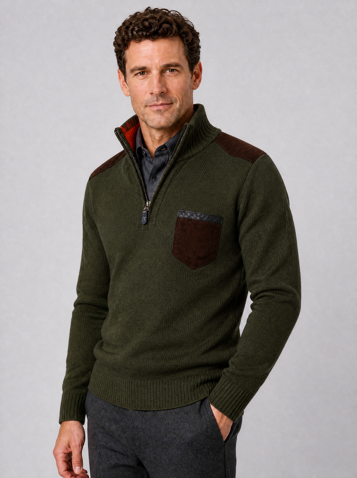 Men's Suede Look Patch Regular Fit Half Zip Jumper - Green colour view