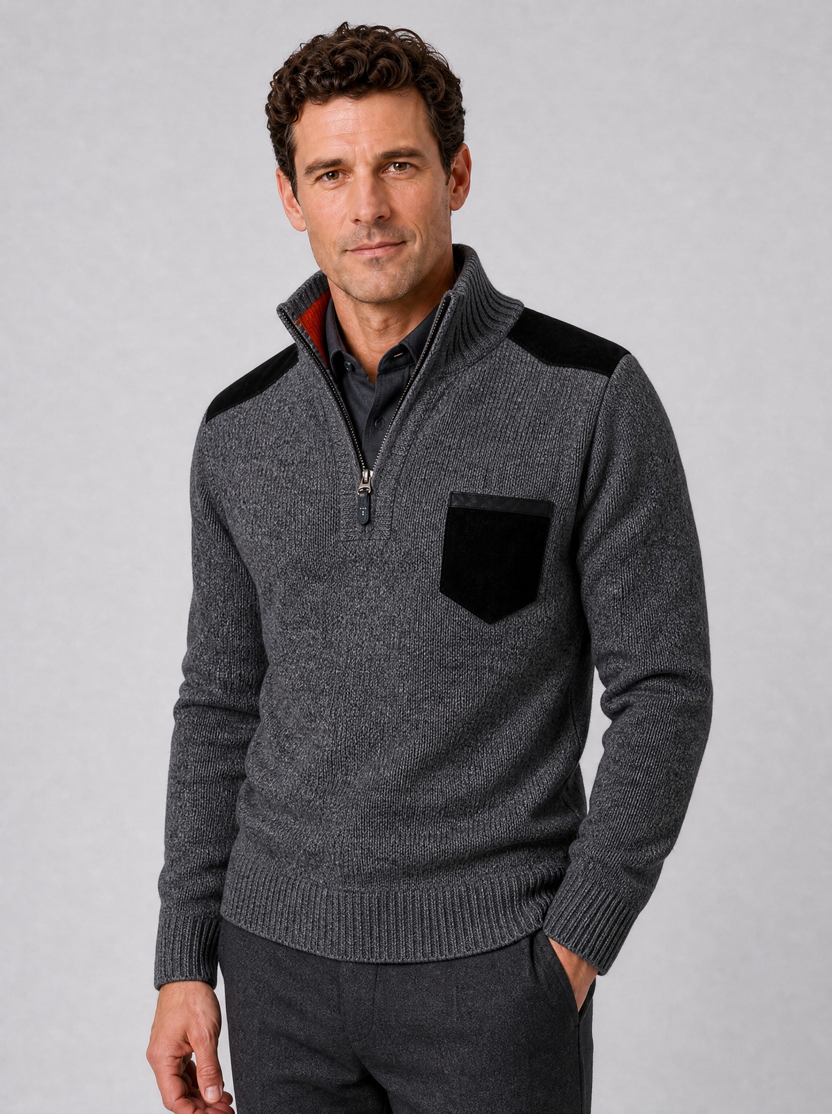 Men's Suede Look Patch Regular Fit Half Zip Jumper - Grey colour view