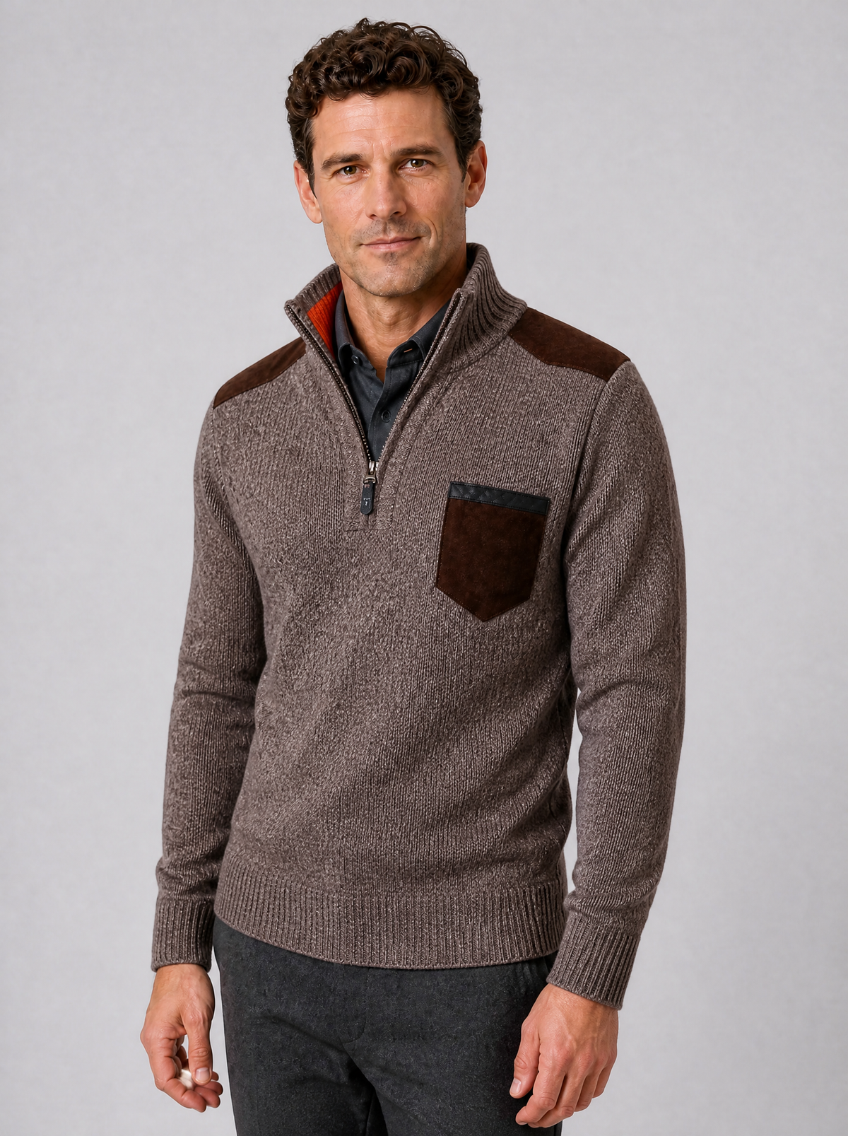 Men's Suede Look Patch Regular Fit Half Zip Jumper - Brown colour view