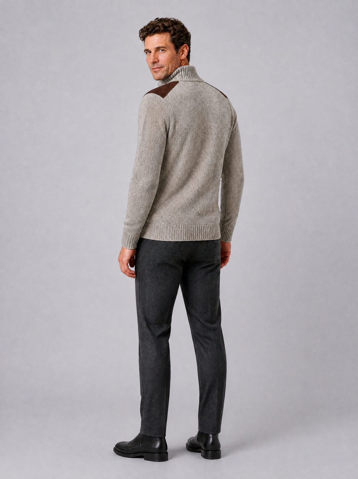 Men's Suede Look Patch Regular Fit Half Zip Jumper - product view 2