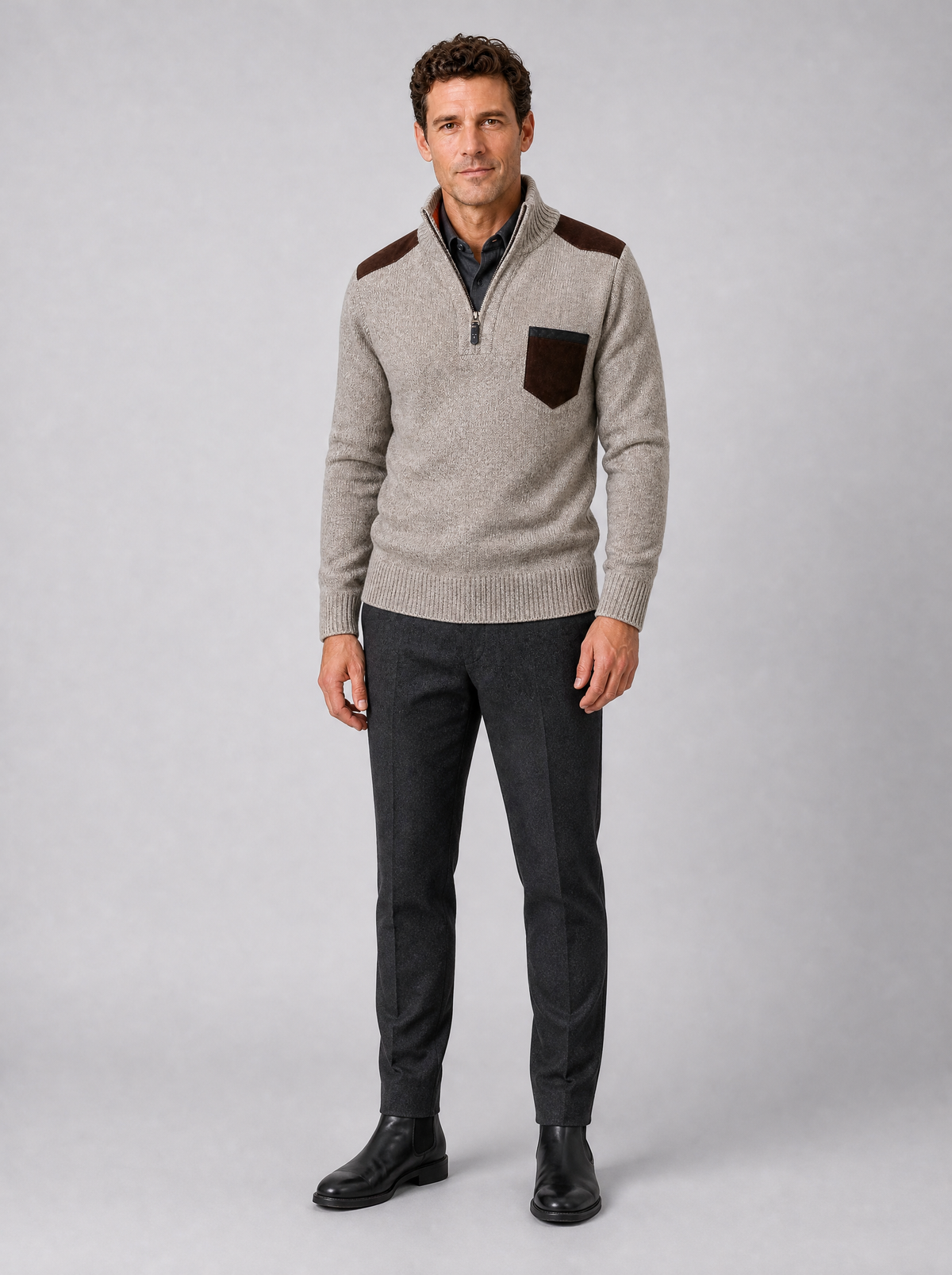 Men's Suede Look Patch Regular Fit Half Zip Jumper - product view 1