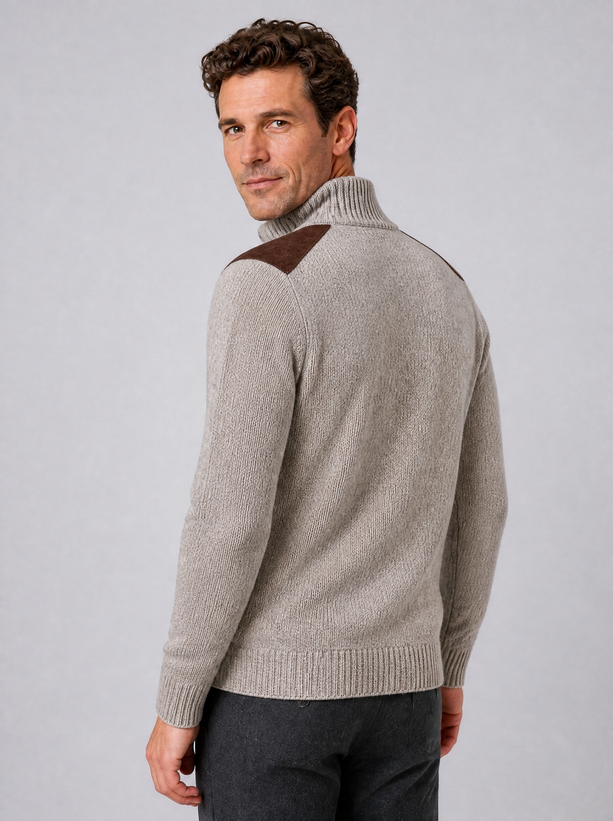 Men's Suede Look Patch Regular Fit Half Zip Jumper - product view 4