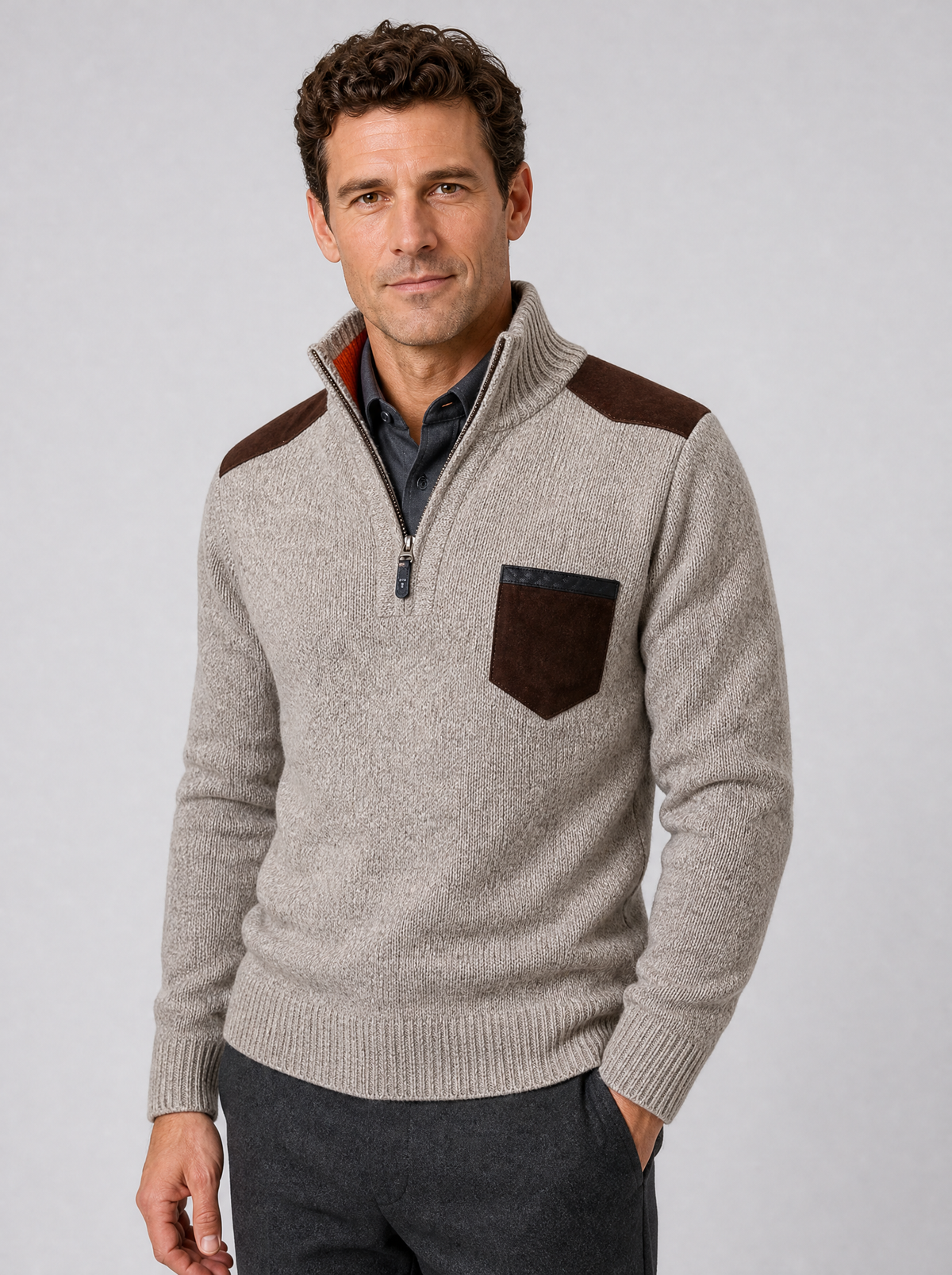 Men's Suede Look Patch Regular Fit Half Zip Jumper - Khaki colour view