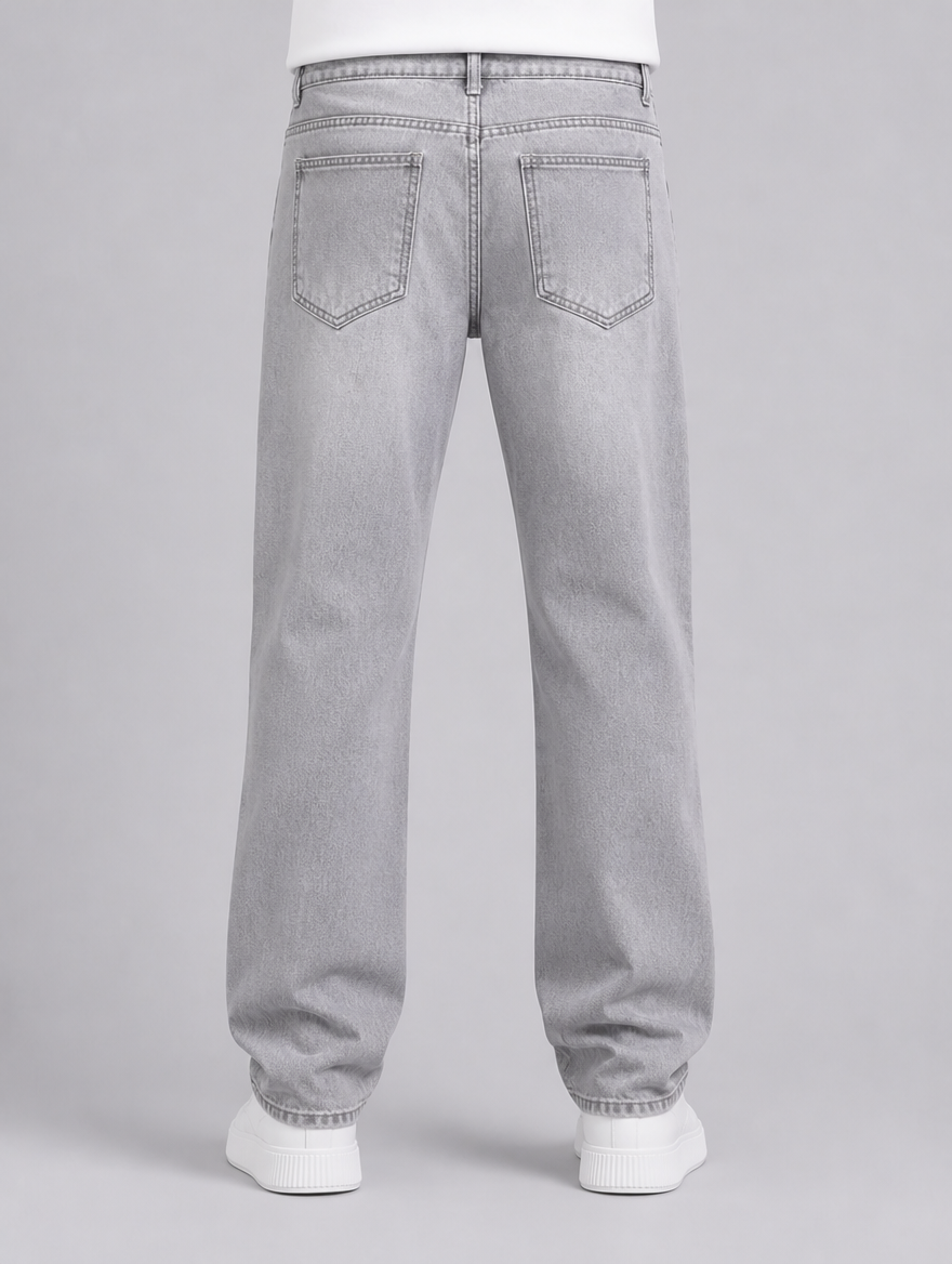 Men's Light Grey Heavyweight Denim Straight Leg Jeans - product view 4
