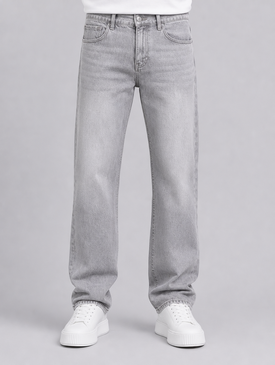 Men's Light Grey Heavyweight Denim Straight Leg Jeans - Light Grey colour view