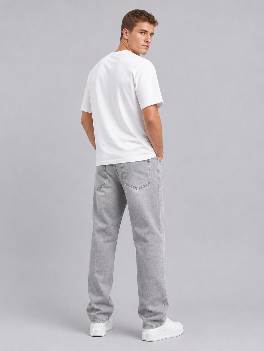 Men's Light Grey Heavyweight Denim Straight Leg Jeans - product view 2