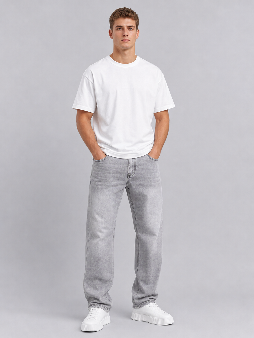 Men's Light Grey Heavyweight Denim Straight Leg Jeans - product view 1