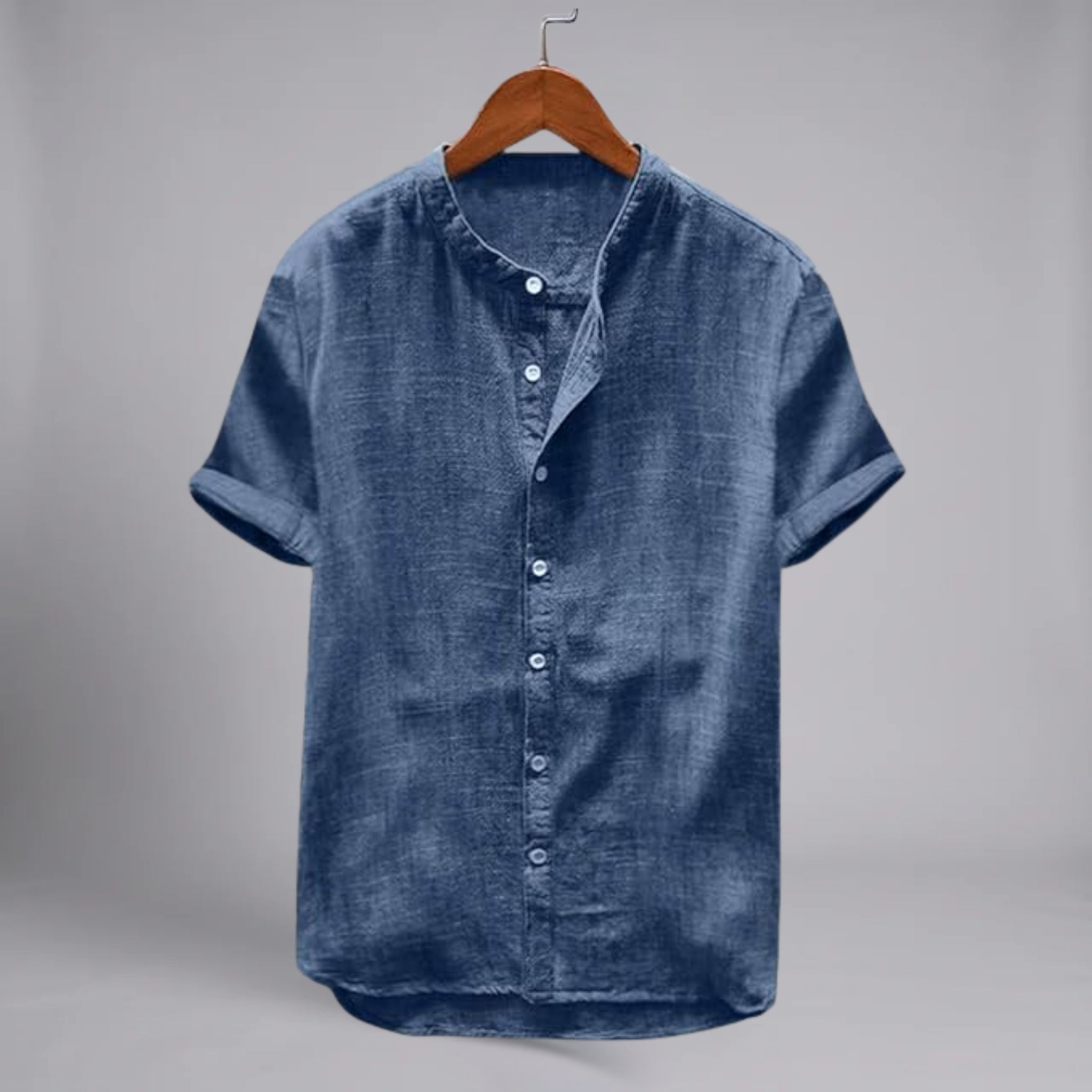 Men’s Lightweight Textured Linen-Cotton Korean Collar Shirt