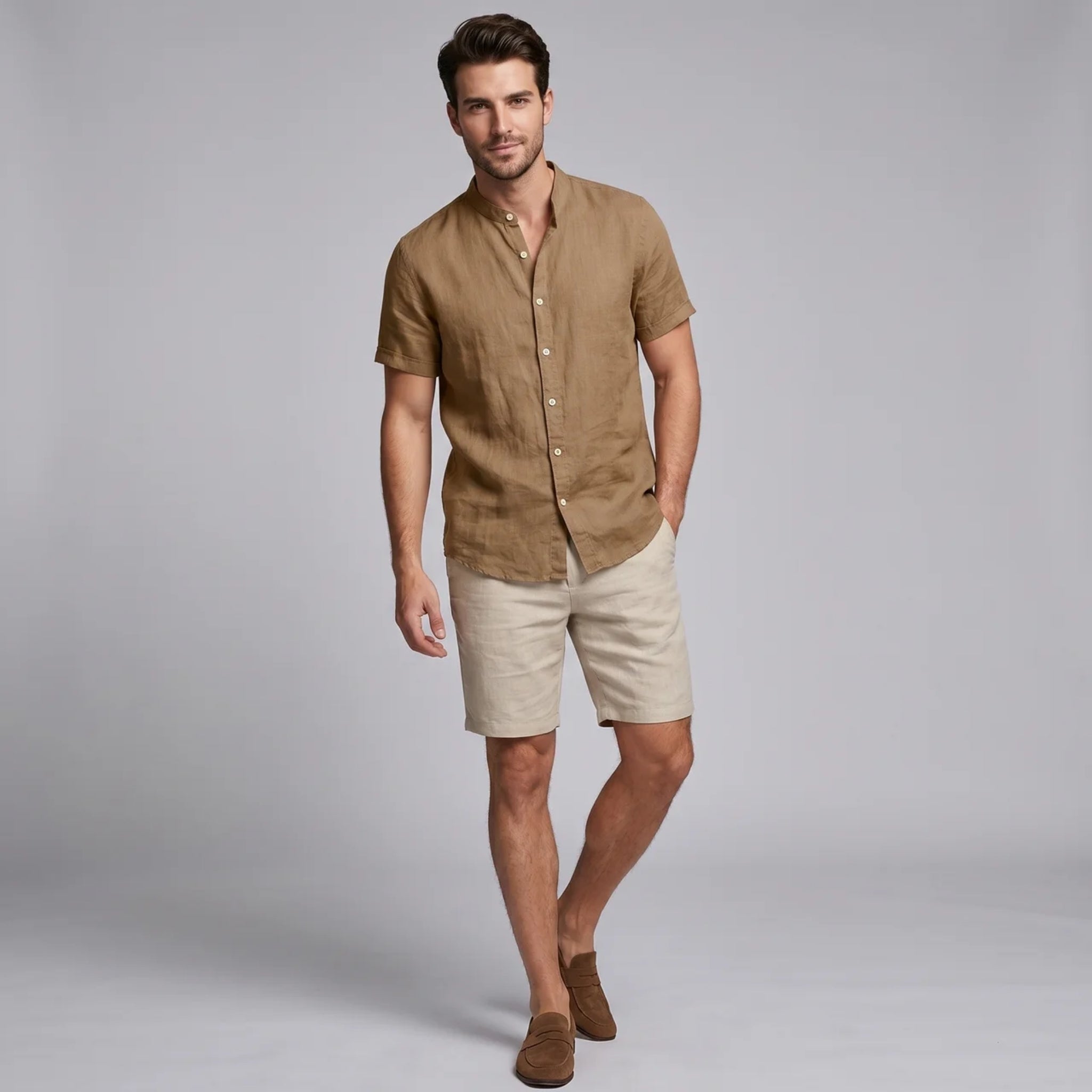 Men’s Lightweight Textured Linen-Cotton Korean Collar Shirt