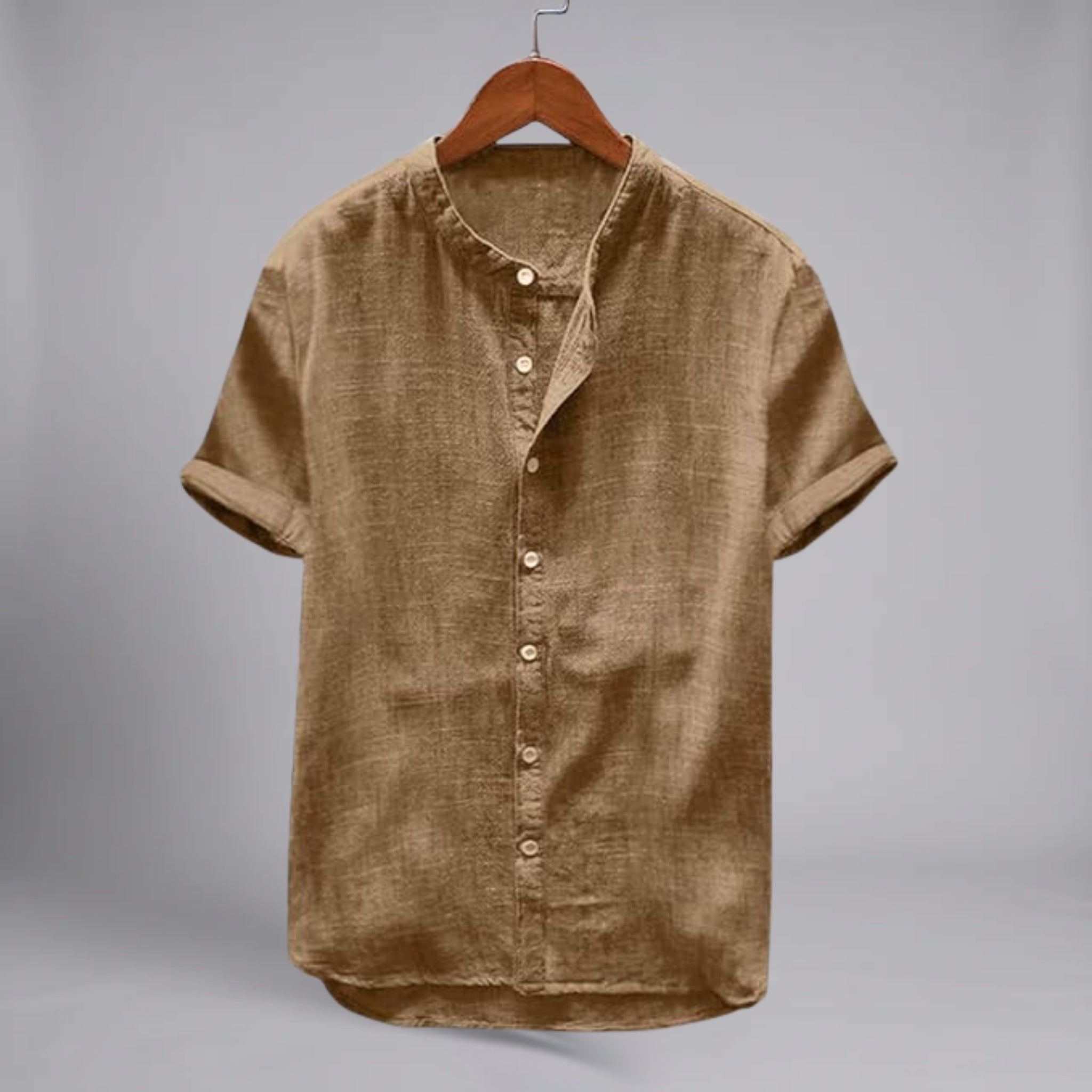 Men’s Lightweight Textured Linen-Cotton Korean Collar Shirt