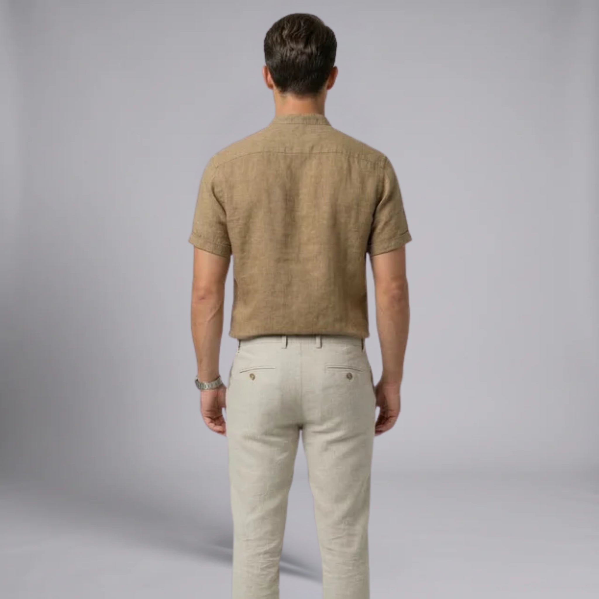 Men’s Lightweight Textured Linen-Cotton Korean Collar Shirt