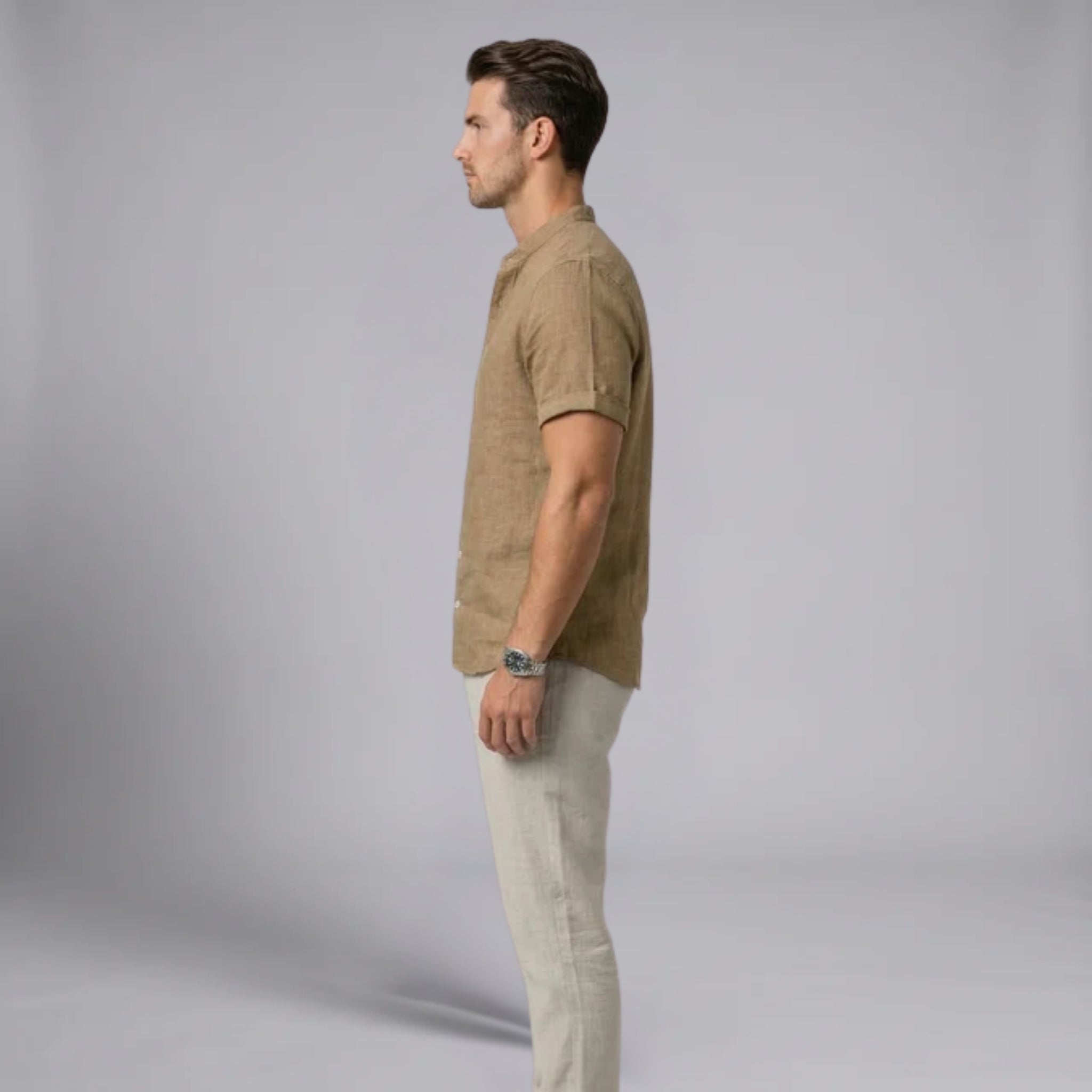 Men’s Lightweight Textured Linen-Cotton Korean Collar Shirt