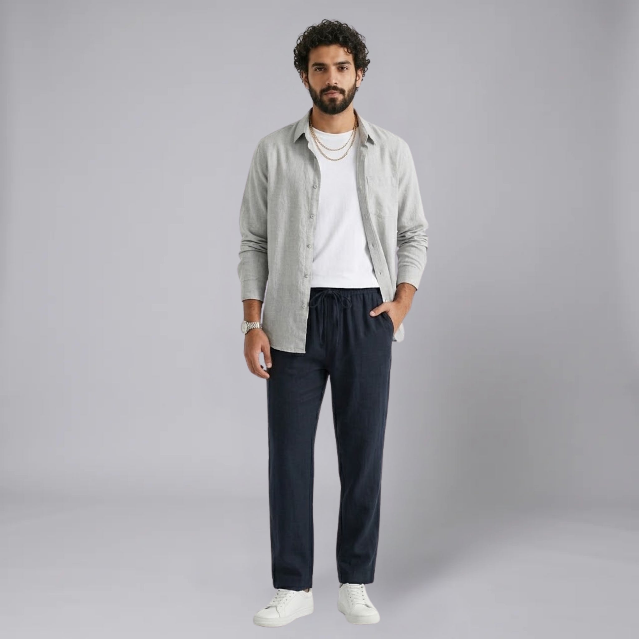 Men’s Linen-Blend Long-Sleeve Shirt and Drawstring Trousers Set