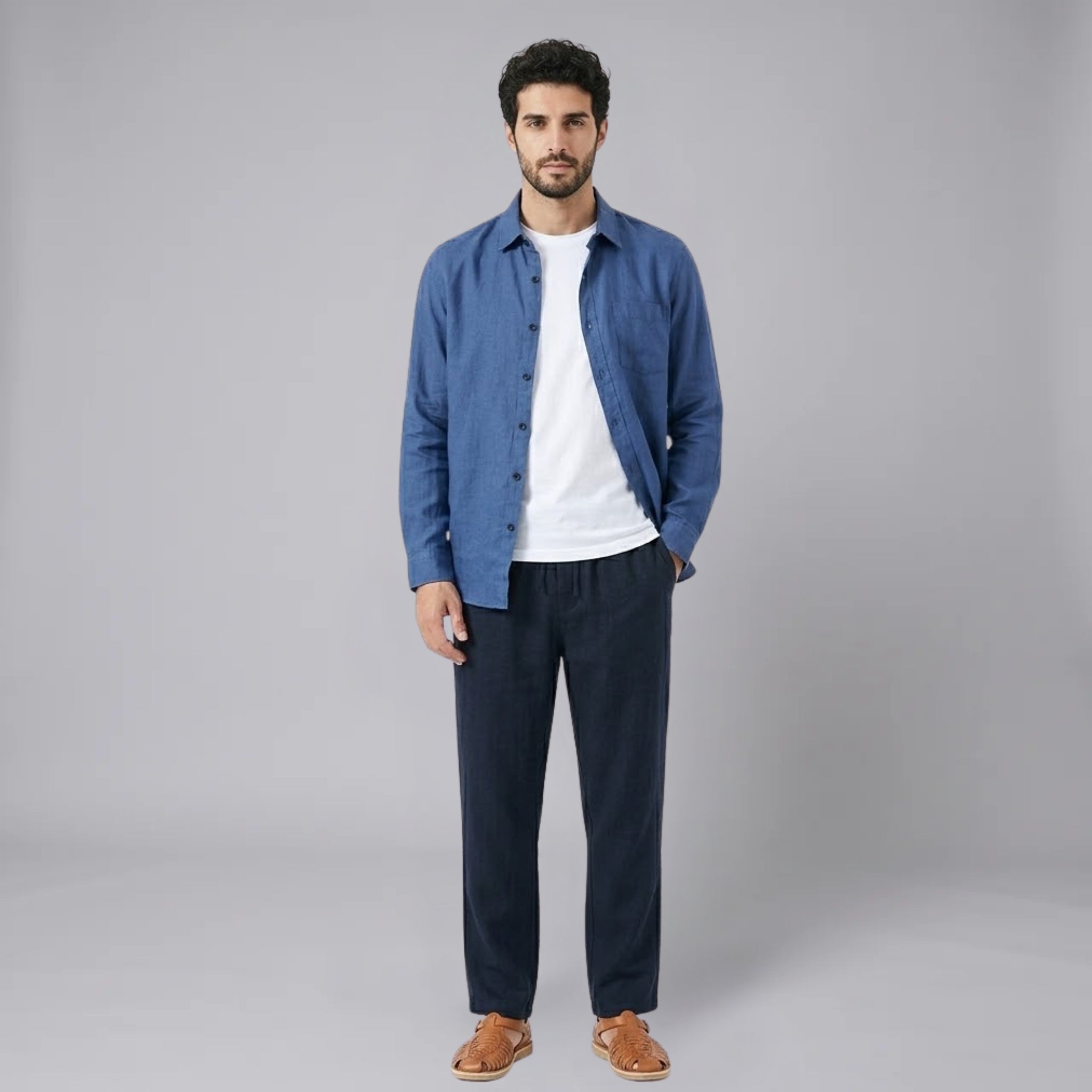 Men’s Linen-Blend Long-Sleeve Shirt and Drawstring Trousers Set