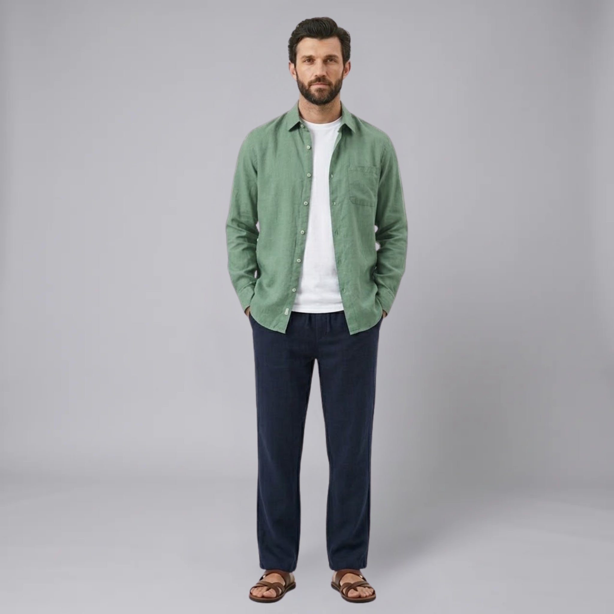 Men’s Linen-Blend Long-Sleeve Shirt and Drawstring Trousers Set