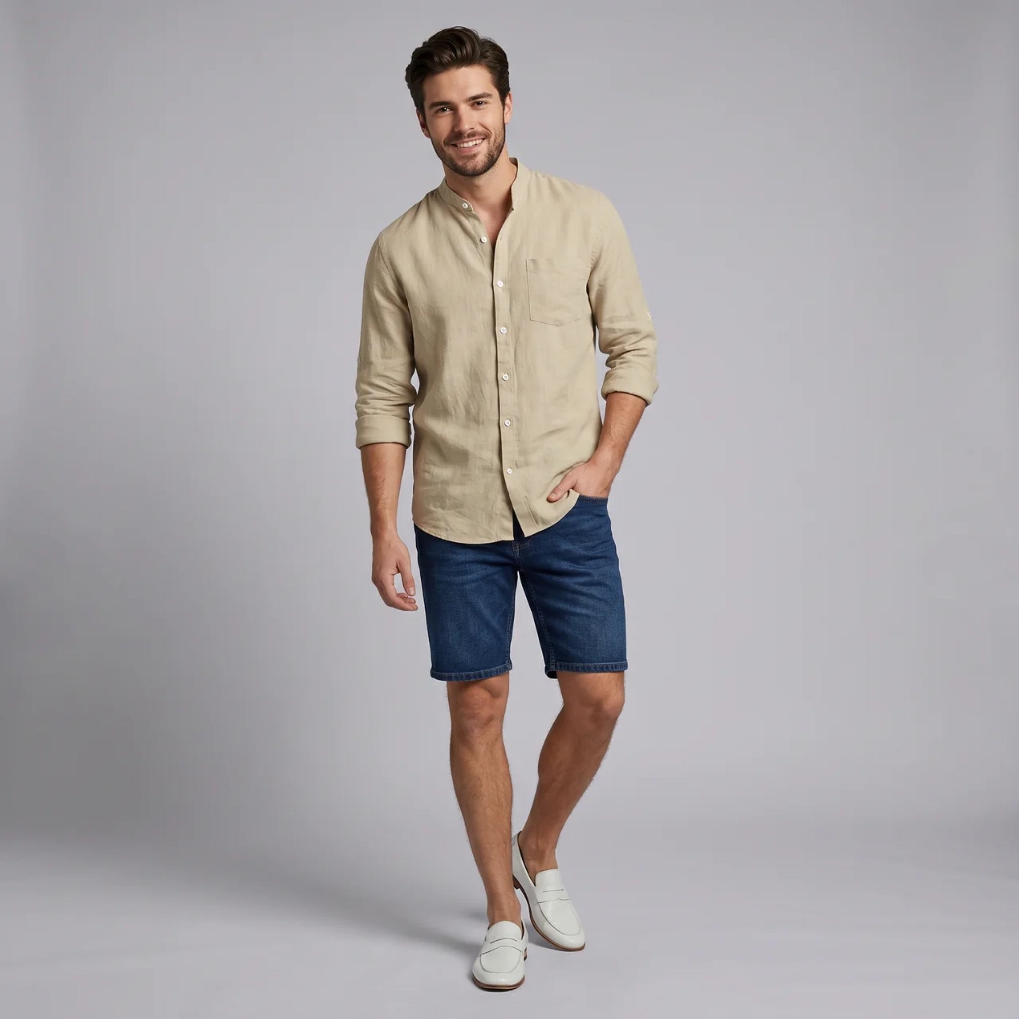 Men’s Linen-Blend Mandarin-Collar Pocket Shirt