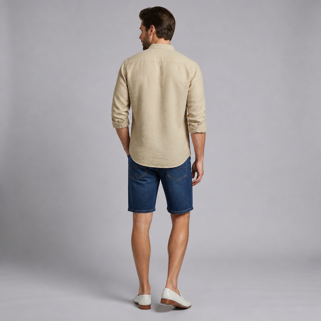 Men’s Linen-Blend Mandarin-Collar Pocket Shirt