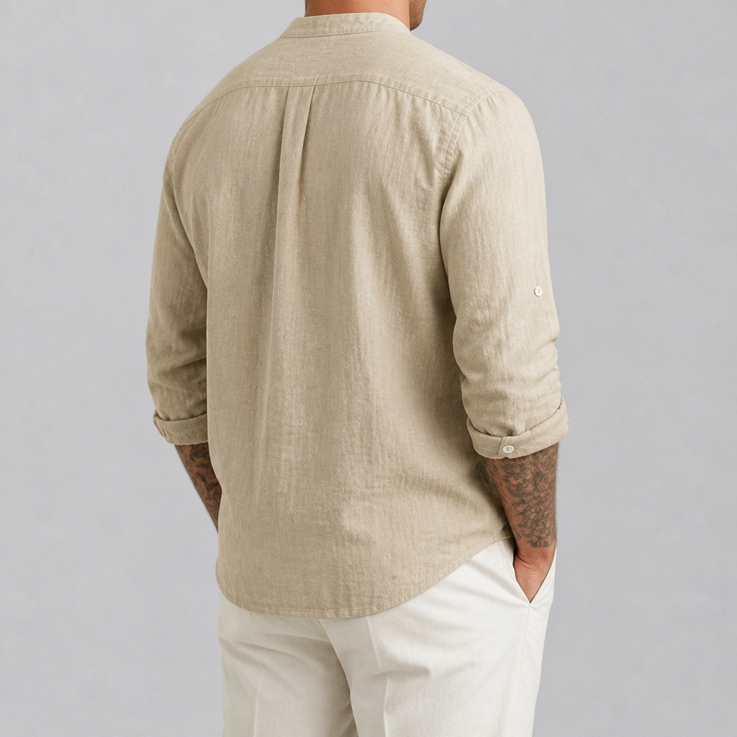 Men’s Linen-Blend Mandarin-Collar Pocket Shirt